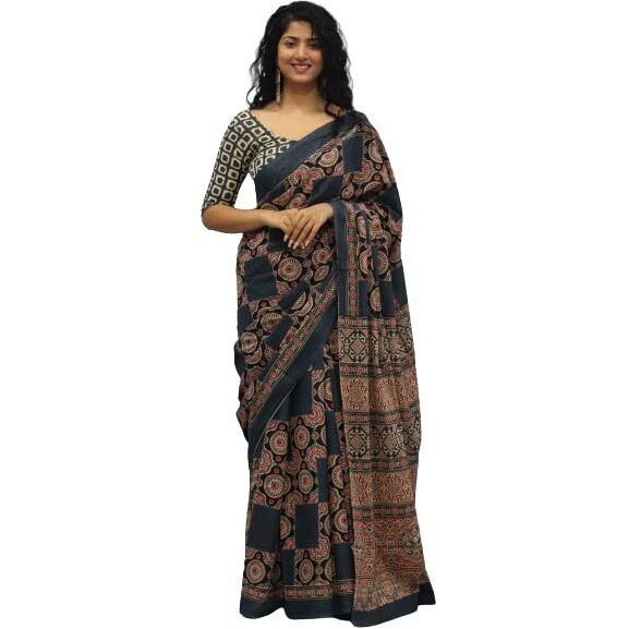 Kiaaron Womens Ikat Hand Block Print Jaipuri Cotton Mulmul Saree with Blouse Piece - Multi_447