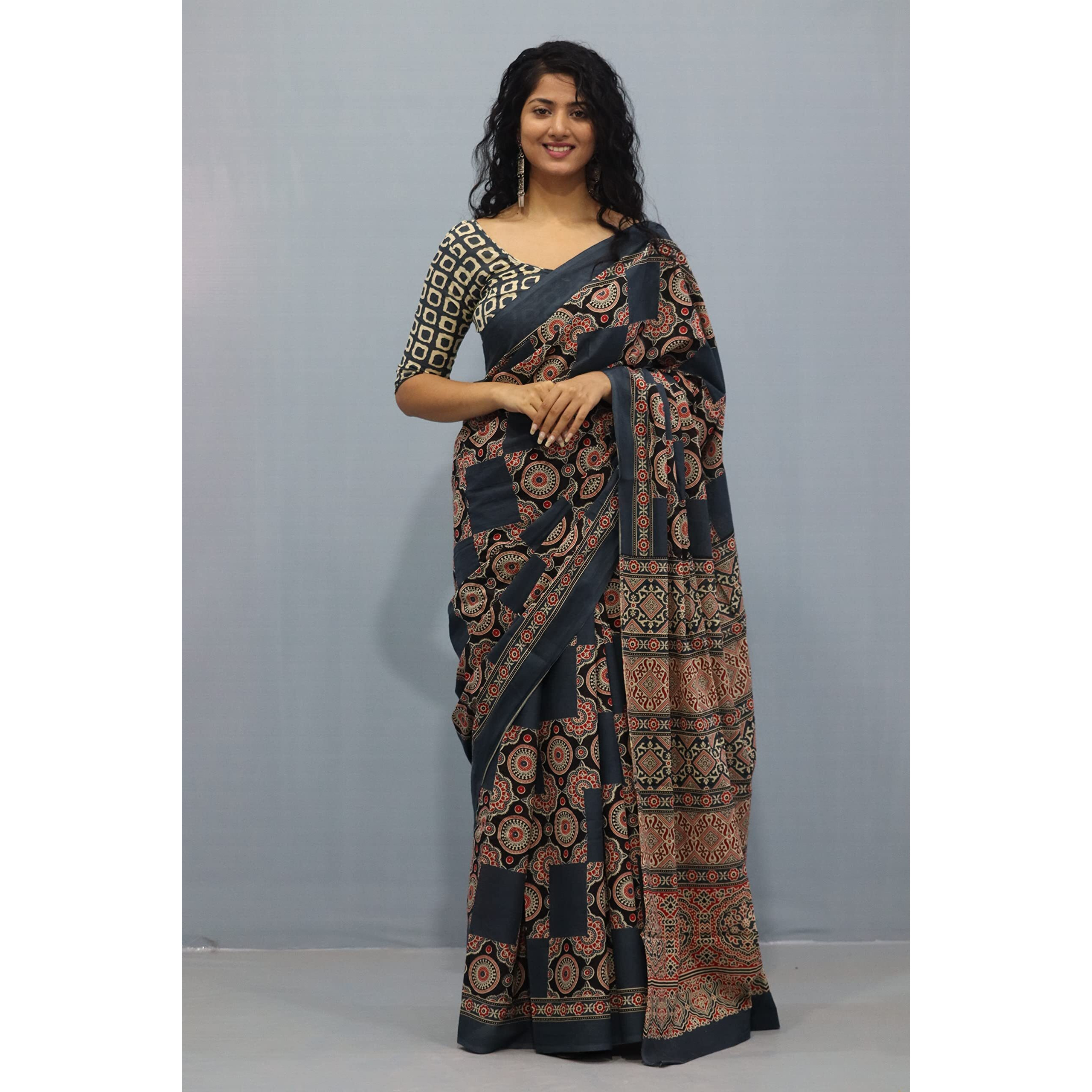 Kiaaron Womens Ikat Hand Block Print Jaipuri Cotton Mulmul Saree with Blouse Piece - Multi_447