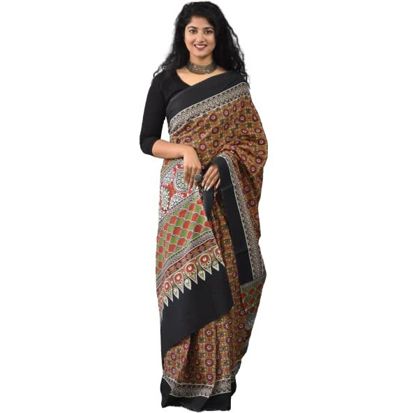 Kiaaron Womens Hand Block Kalamkari Batik Bagru Jaipuri Ikat Printed Handloom Pure Cotton Mulmul Traditional Ethnic Cotton Sarees With Printed Blouse Piece - Mustered