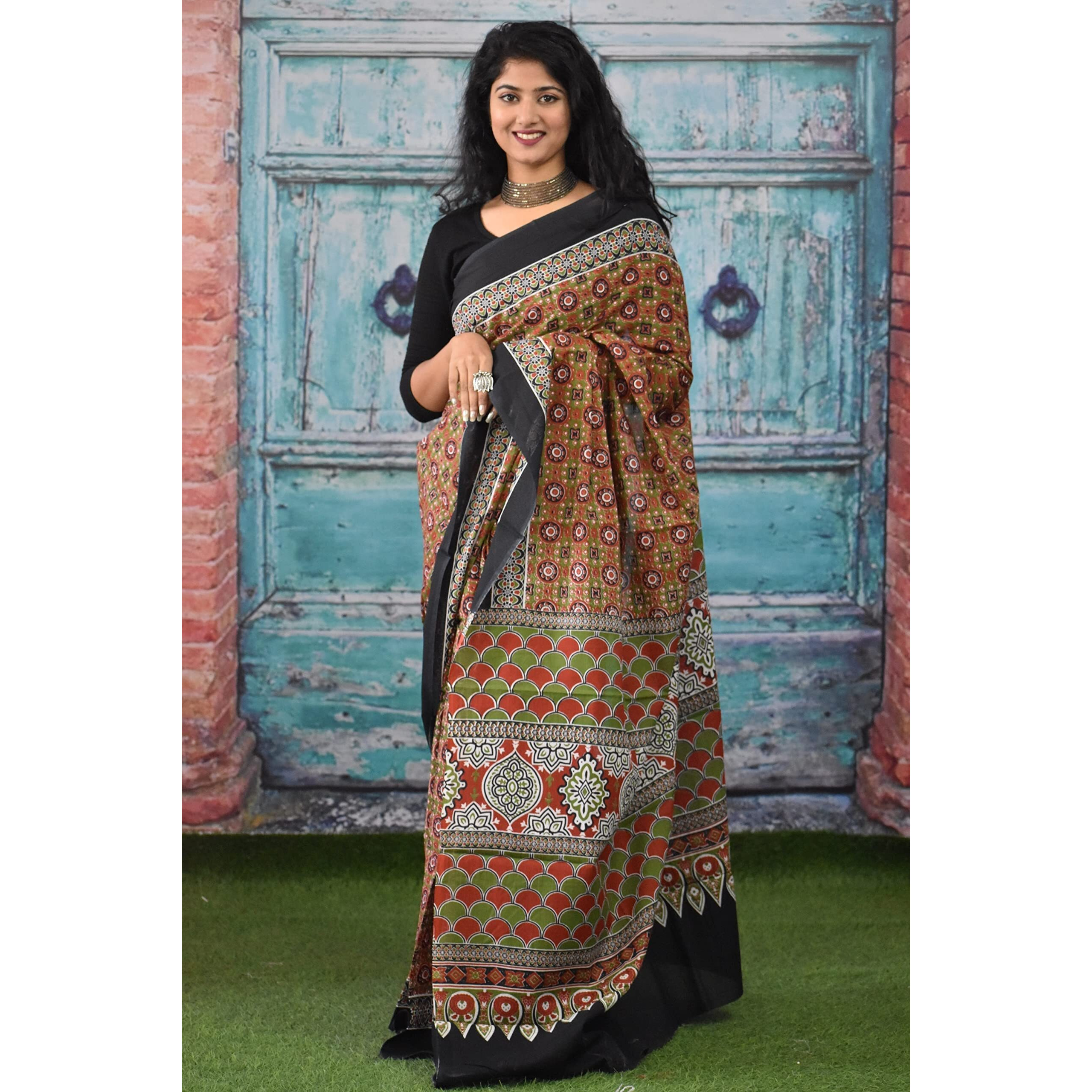 Kiaaron Womens Hand Block Kalamkari Batik Bagru Jaipuri Ikat Printed Handloom Pure Cotton Mulmul Traditional Ethnic Cotton Sarees With Printed Blouse Piece - Mustered