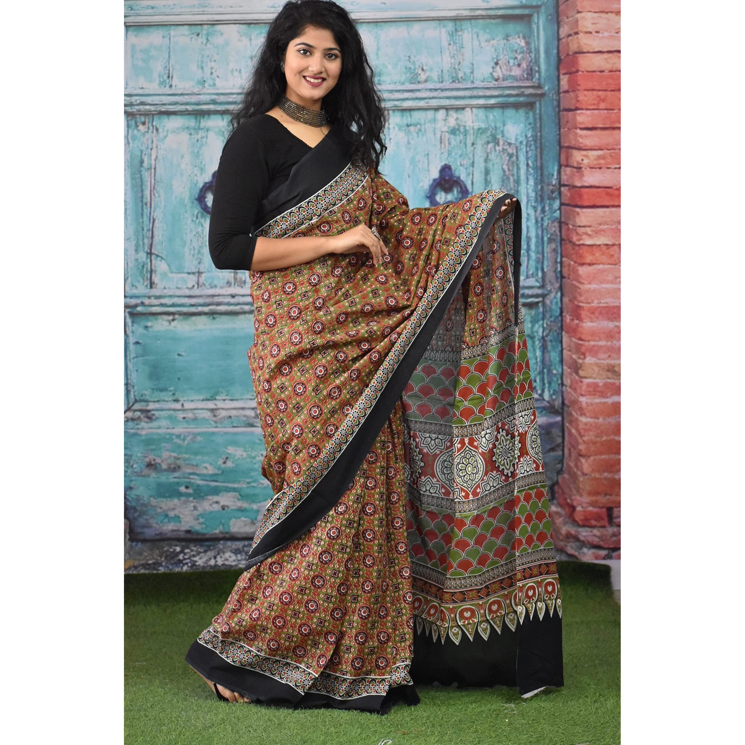 Kiaaron Womens Hand Block Kalamkari Batik Bagru Jaipuri Ikat Printed Handloom Pure Cotton Mulmul Traditional Ethnic Cotton Sarees With Printed Blouse Piece - Mustered