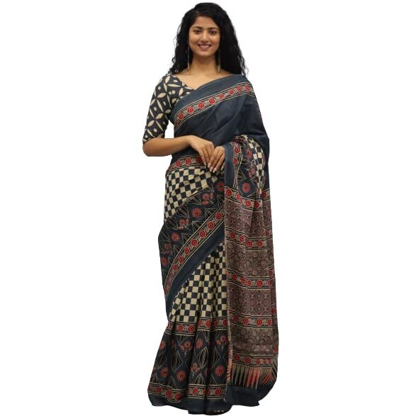 Kiaaron Womens Ikat Hand Block Print Jaipuri Cotton Mulmul Saree with Blouse Piece - Grey_452