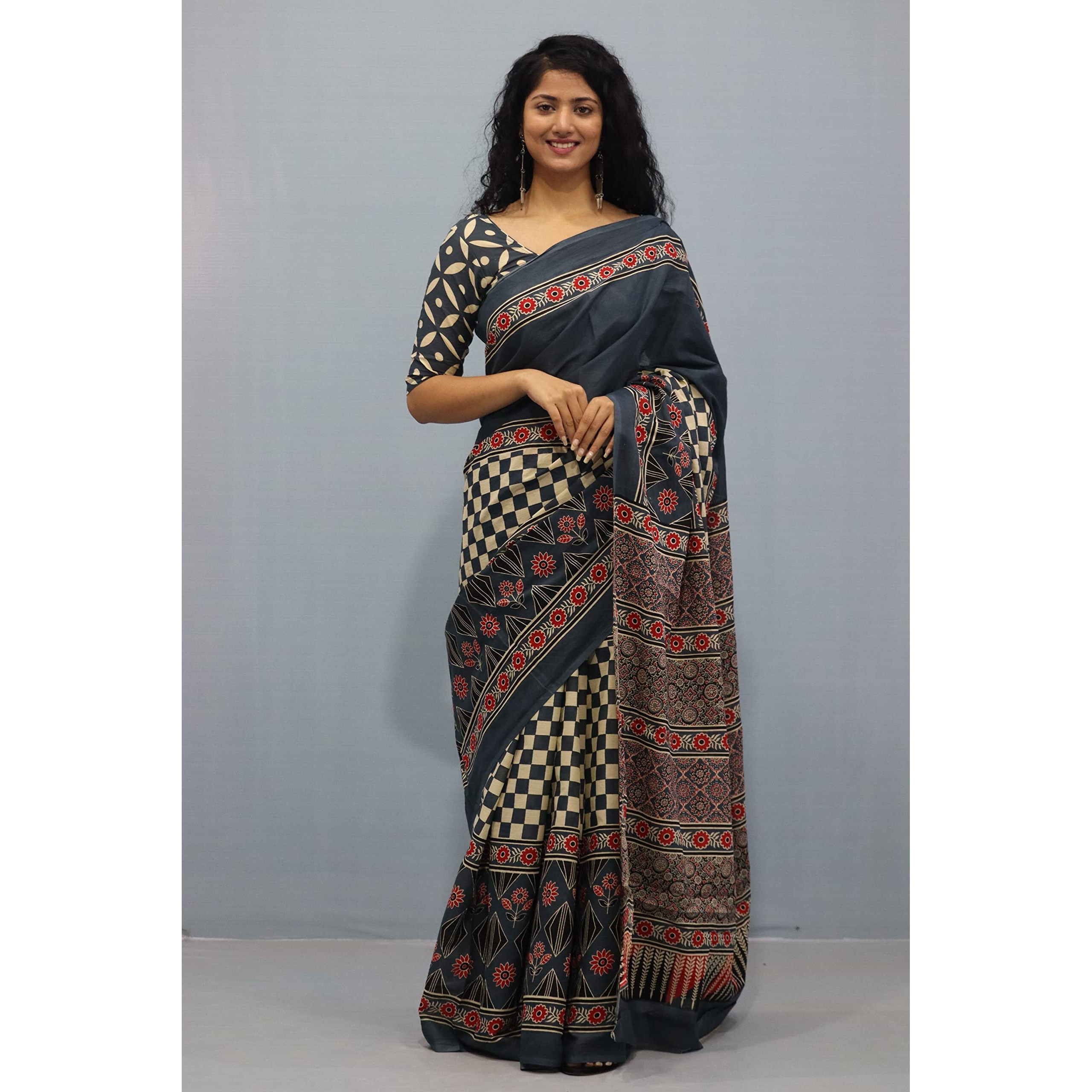 Kiaaron Womens Ikat Hand Block Print Jaipuri Cotton Mulmul Saree with Blouse Piece - Grey_452