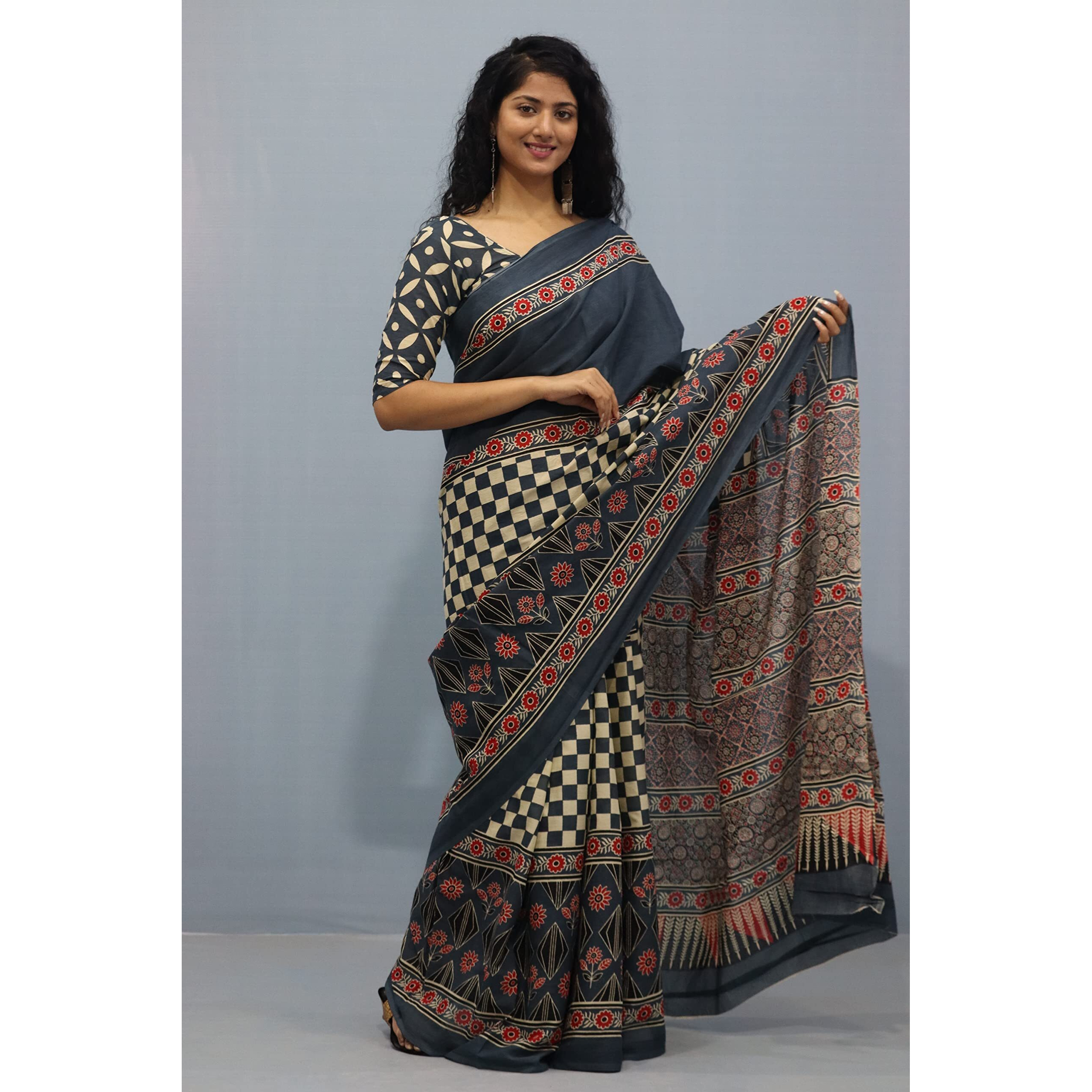 Kiaaron Womens Ikat Hand Block Print Jaipuri Cotton Mulmul Saree with Blouse Piece - Grey_452