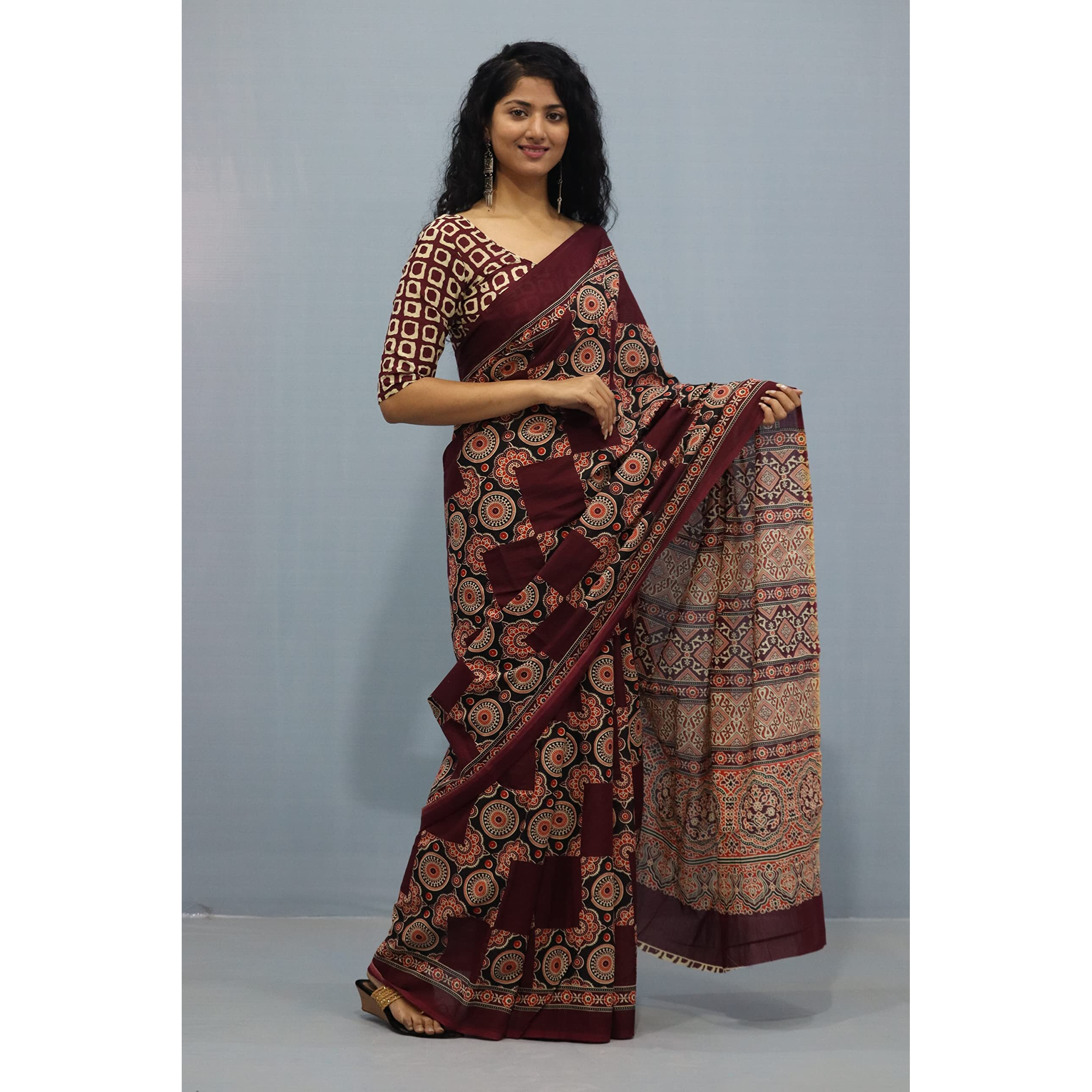 Kiaaron Womens Ikat Hand Block Print Jaipuri Cotton Mulmul Saree with Blouse Piece - Maroon_451