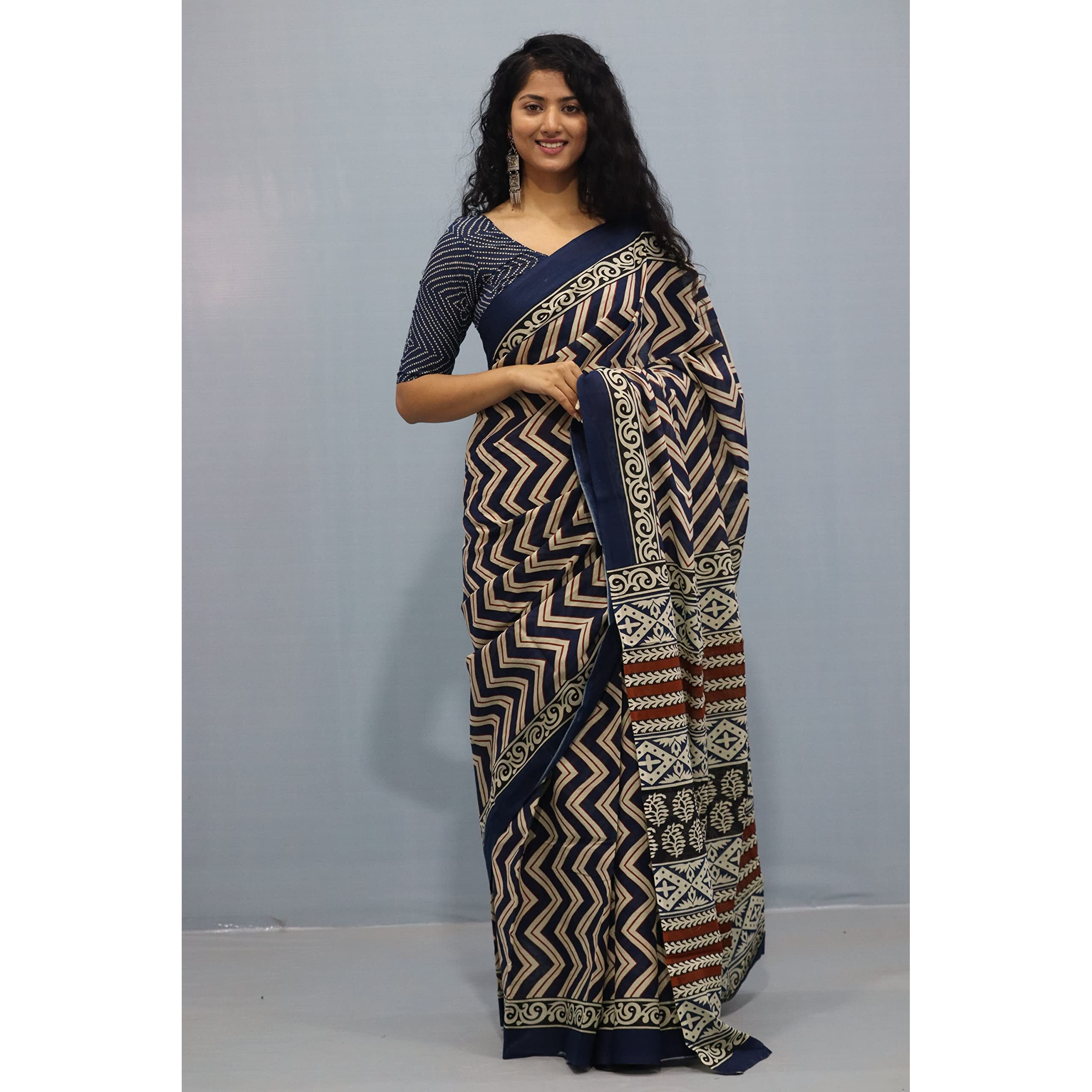 Kiaaron Womens Ikat Hand Block Print Jaipuri Cotton Mulmul Saree with Blouse Piece -Black_457