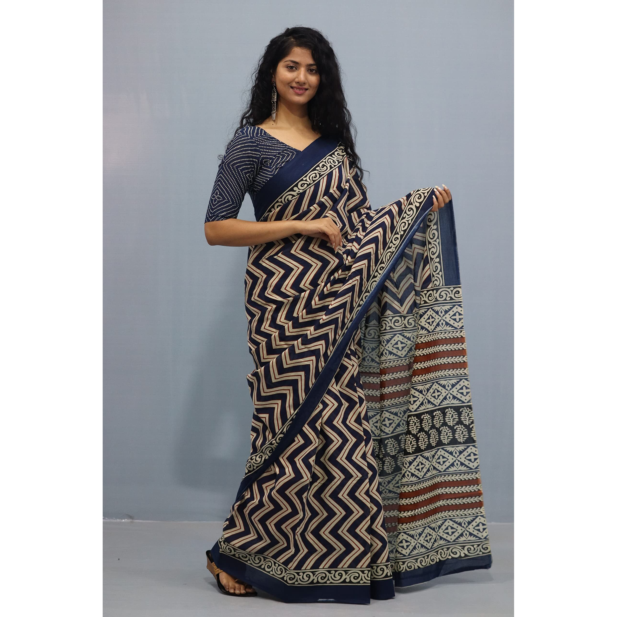 Kiaaron Womens Ikat Hand Block Print Jaipuri Cotton Mulmul Saree with Blouse Piece -Black_457