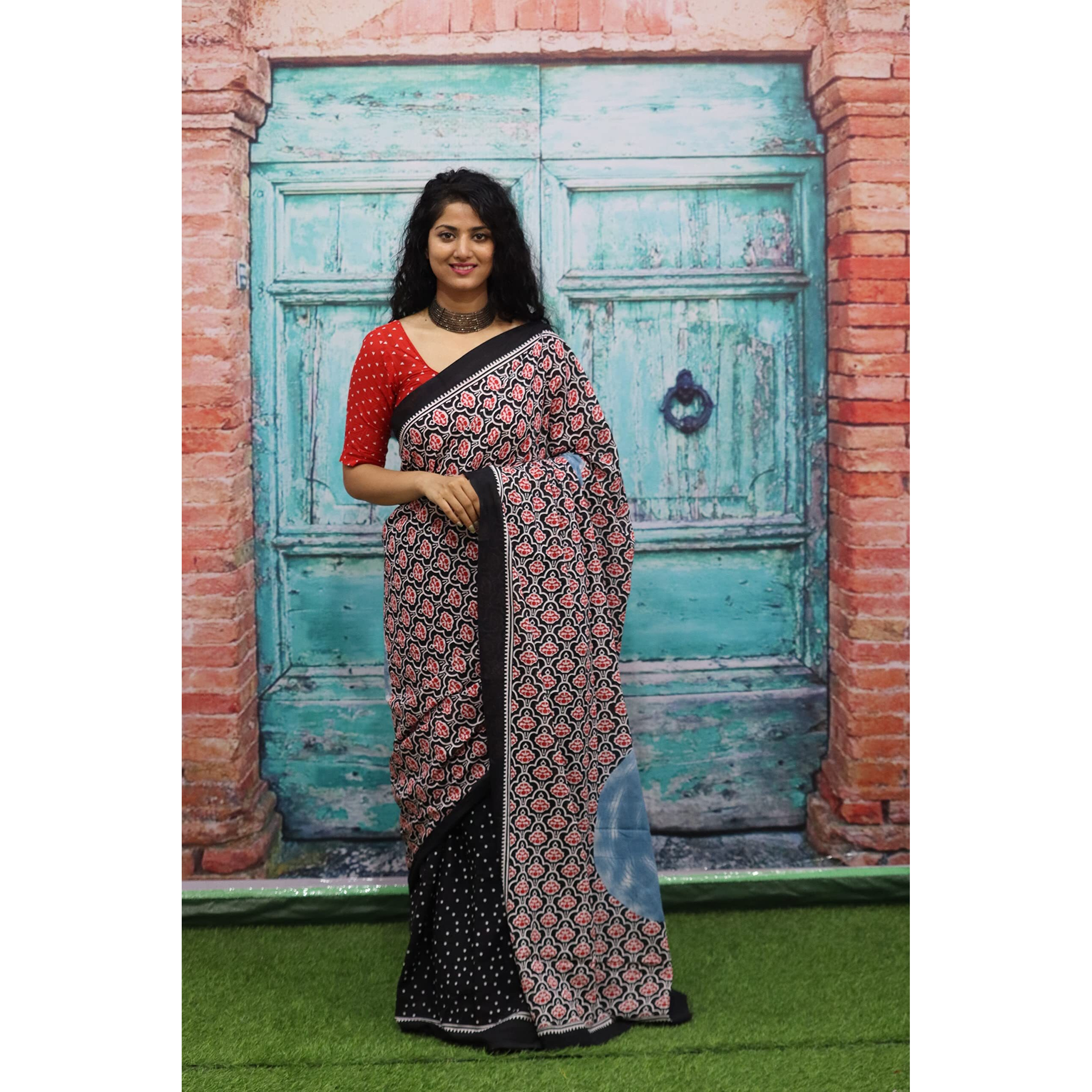 Kiaaron Womens Ikat Hand Block Print Jaipuri Cotton Mulmul Saree with Blouse Piece - Black_446