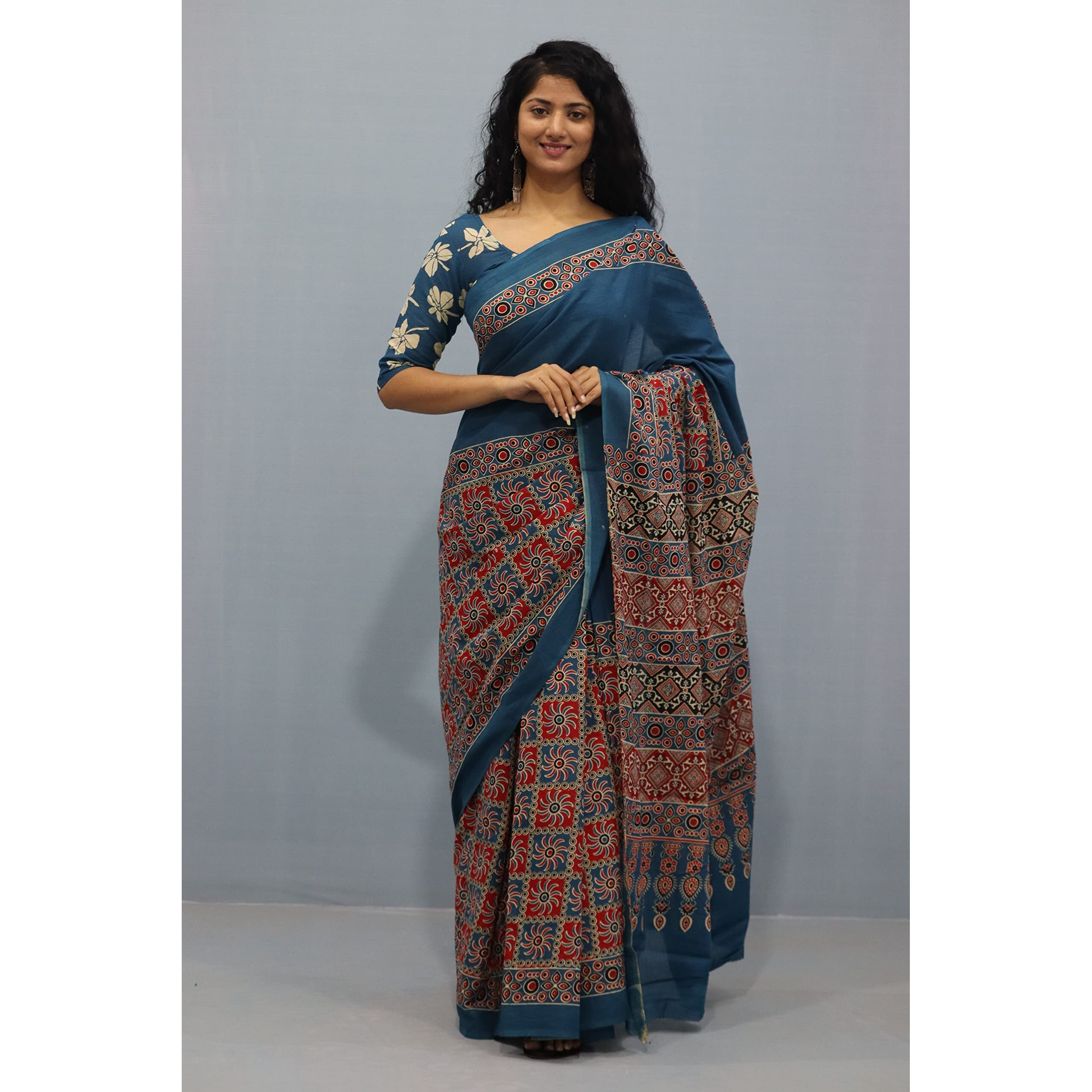 Kiaaron Womens Ikat Hand Block Print Jaipuri Cotton Mulmul Saree with Blouse Piece - Multi_453