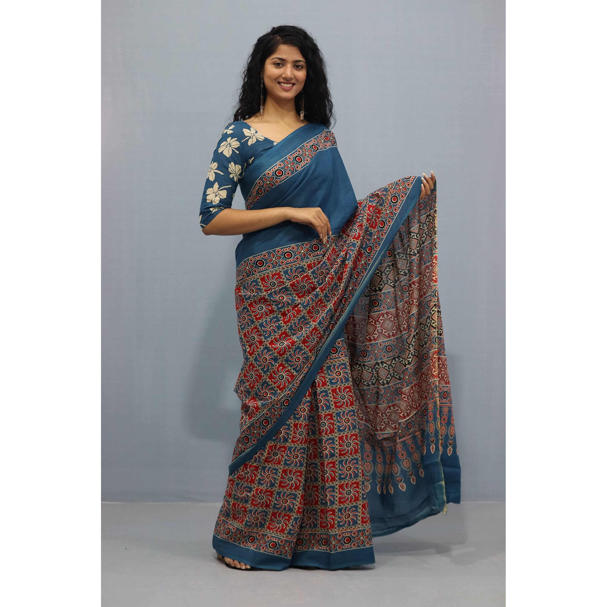 Kiaaron Womens Ikat Hand Block Print Jaipuri Cotton Mulmul Saree with Blouse Piece - Multi_453