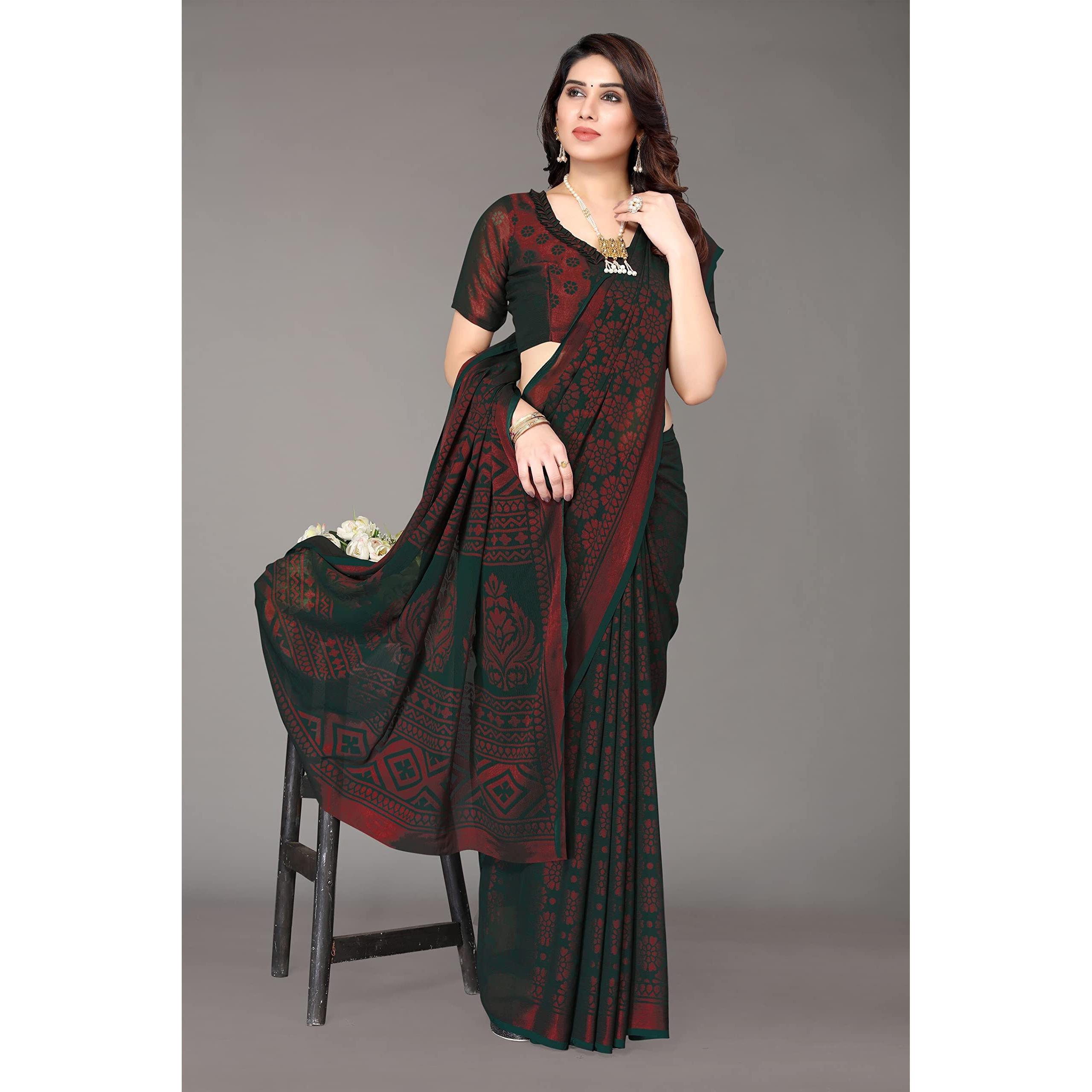 Mubeno WDP Brasso Malini Bottle Green M Plain Chiffon Brasso Stylish Saree For Women