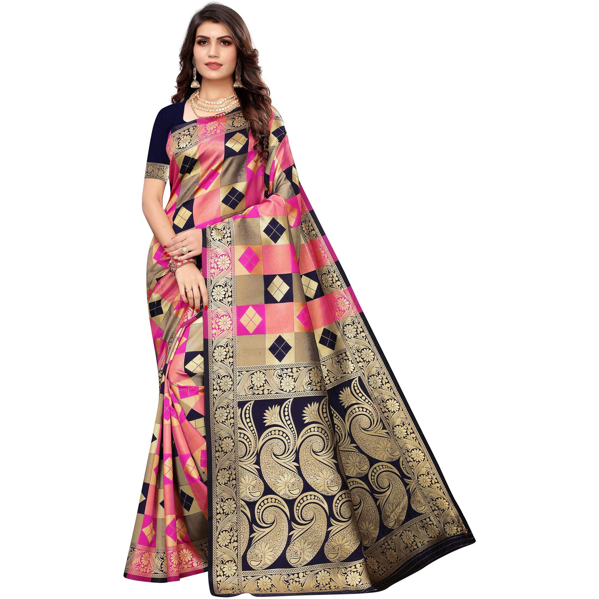 AKHILAM Womens Woven Design Banarsi Silk Saree With Unstitched Blouse Piece (Navy Blue & Pink_GRM6302)