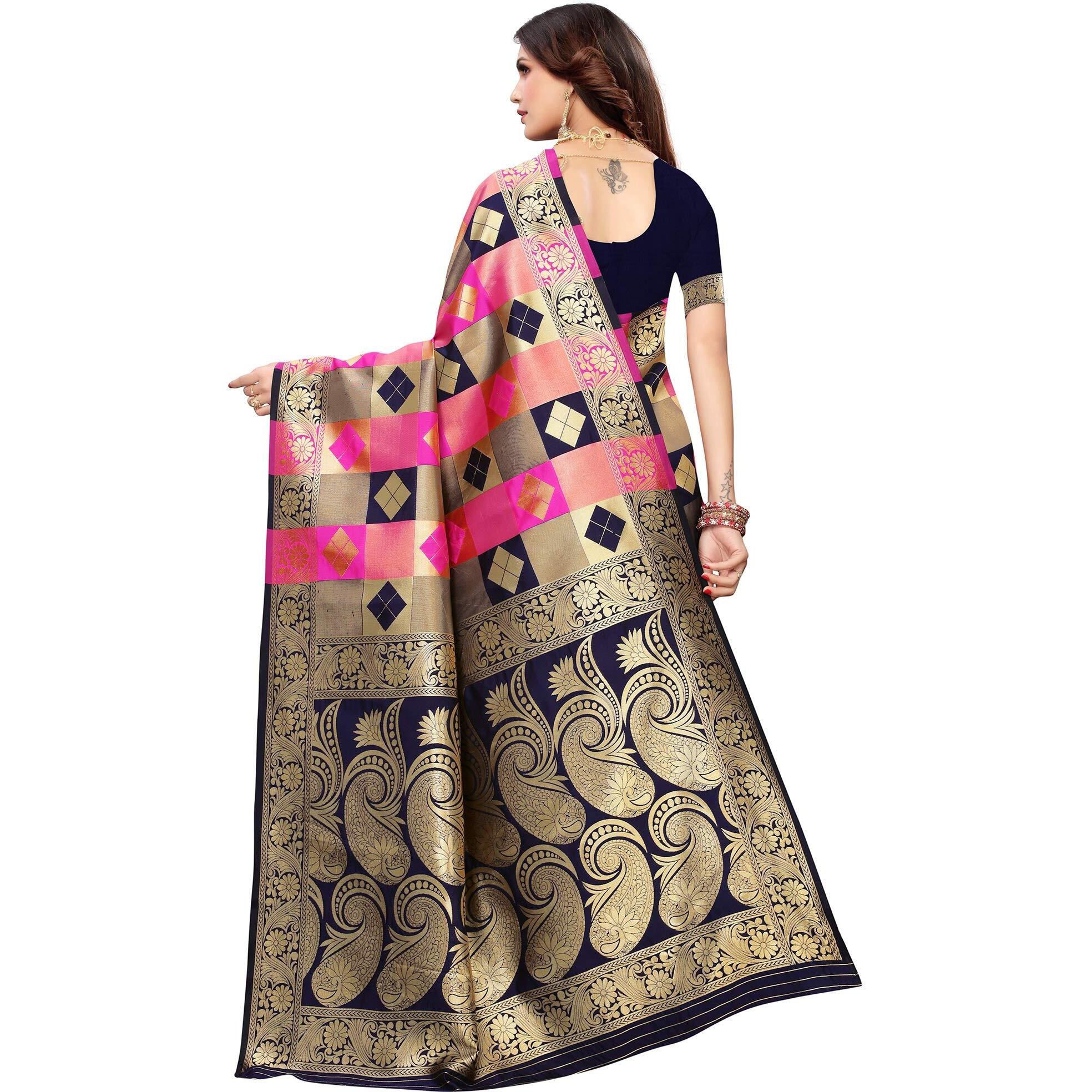 AKHILAM Womens Woven Design Banarsi Silk Saree With Unstitched Blouse Piece (Navy Blue & Pink_GRM6302)