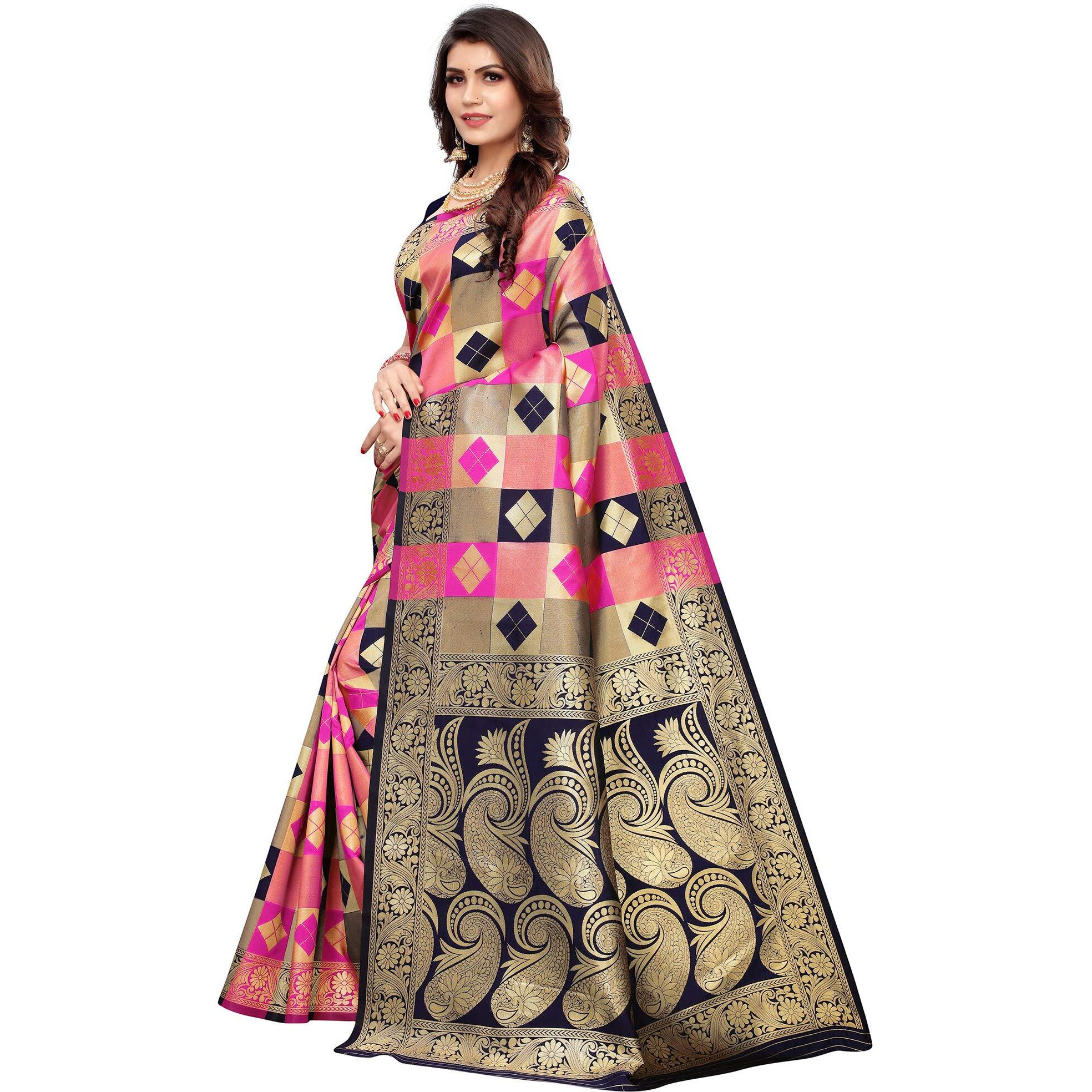 AKHILAM Womens Woven Design Banarsi Silk Saree With Unstitched Blouse Piece (Navy Blue & Pink_GRM6302)