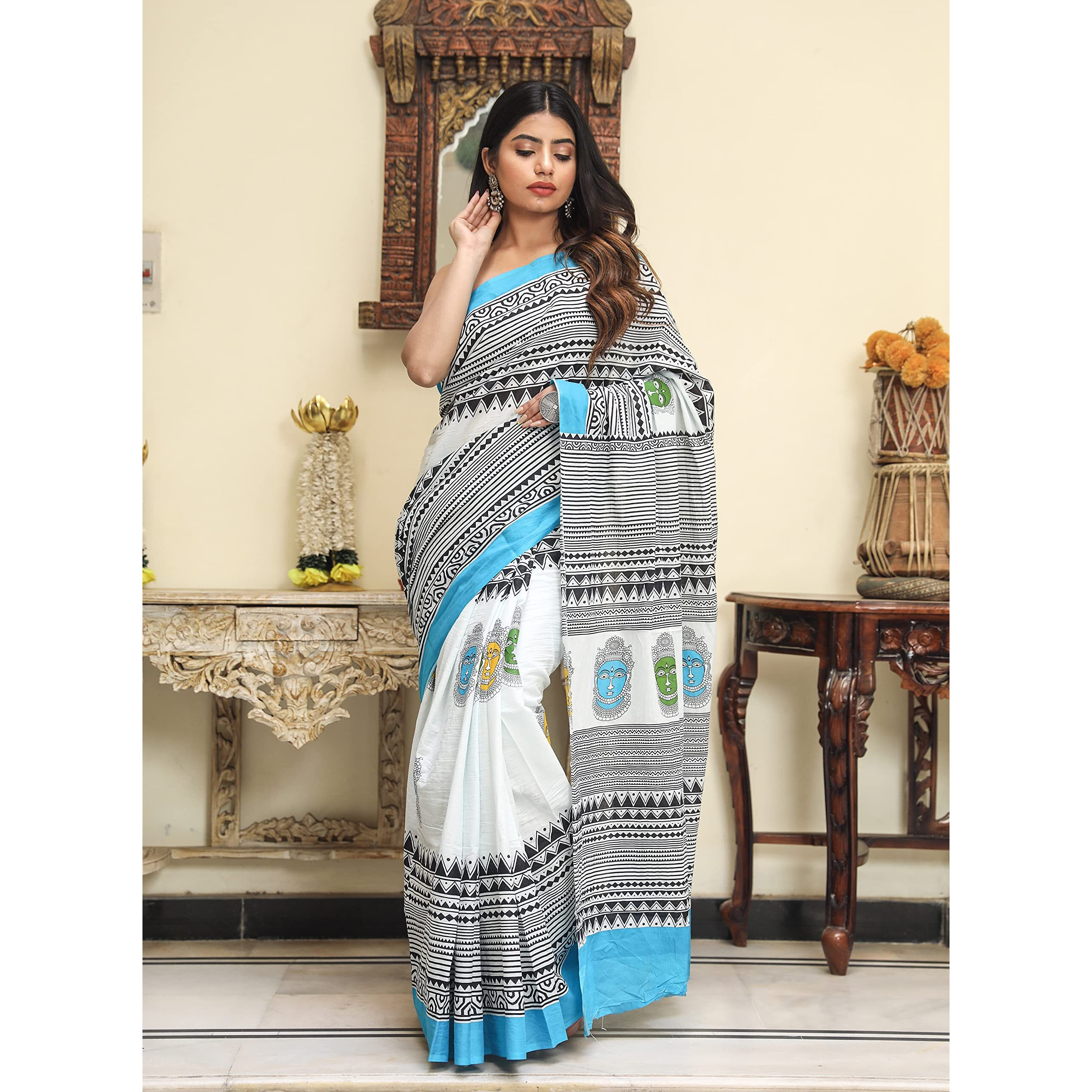 Kiaaron Womens Ikat Hand Block Print Jaipuri Cotton Mulmul Saree with Blouse Piece - White_SH13