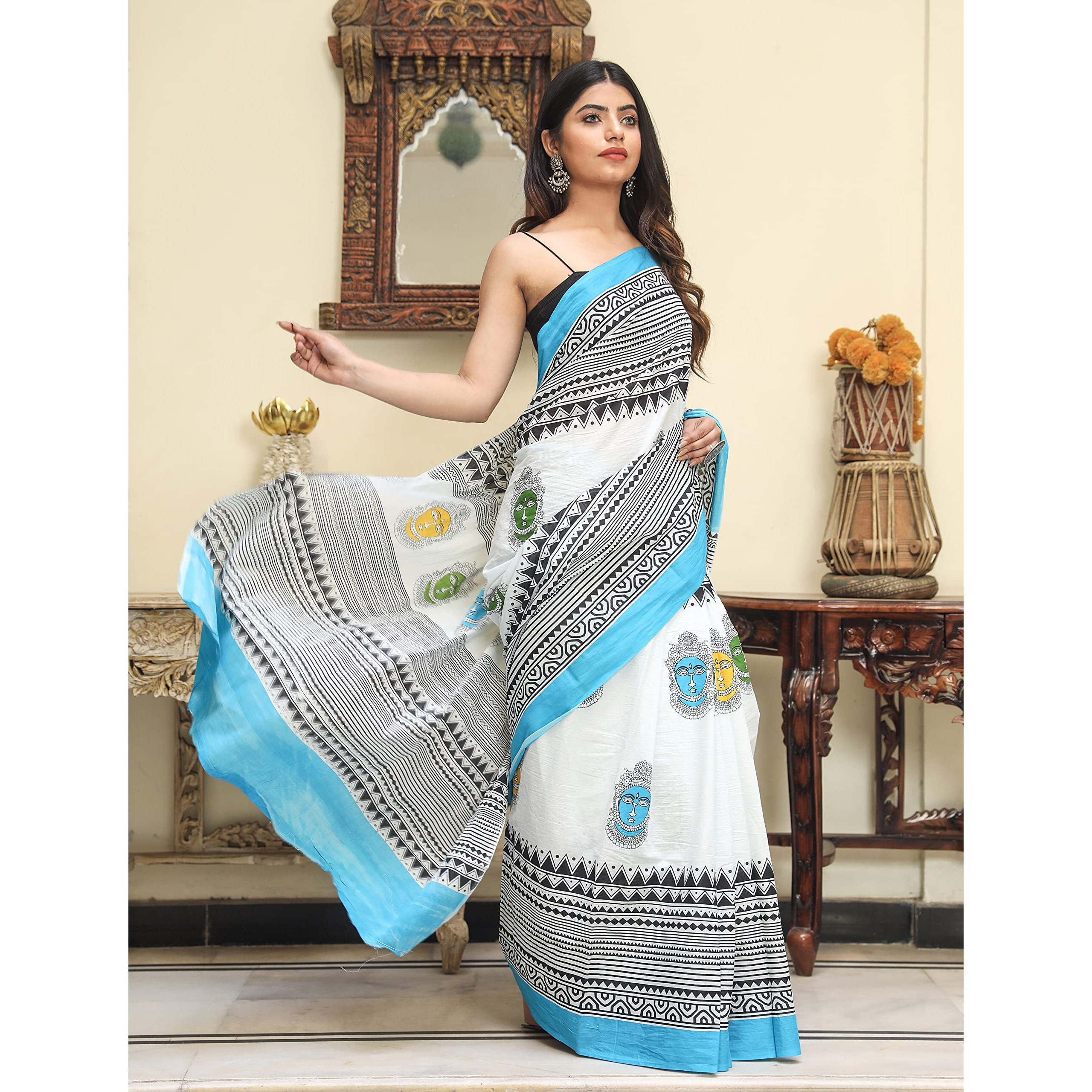 Kiaaron Womens Ikat Hand Block Print Jaipuri Cotton Mulmul Saree with Blouse Piece - White_SH13