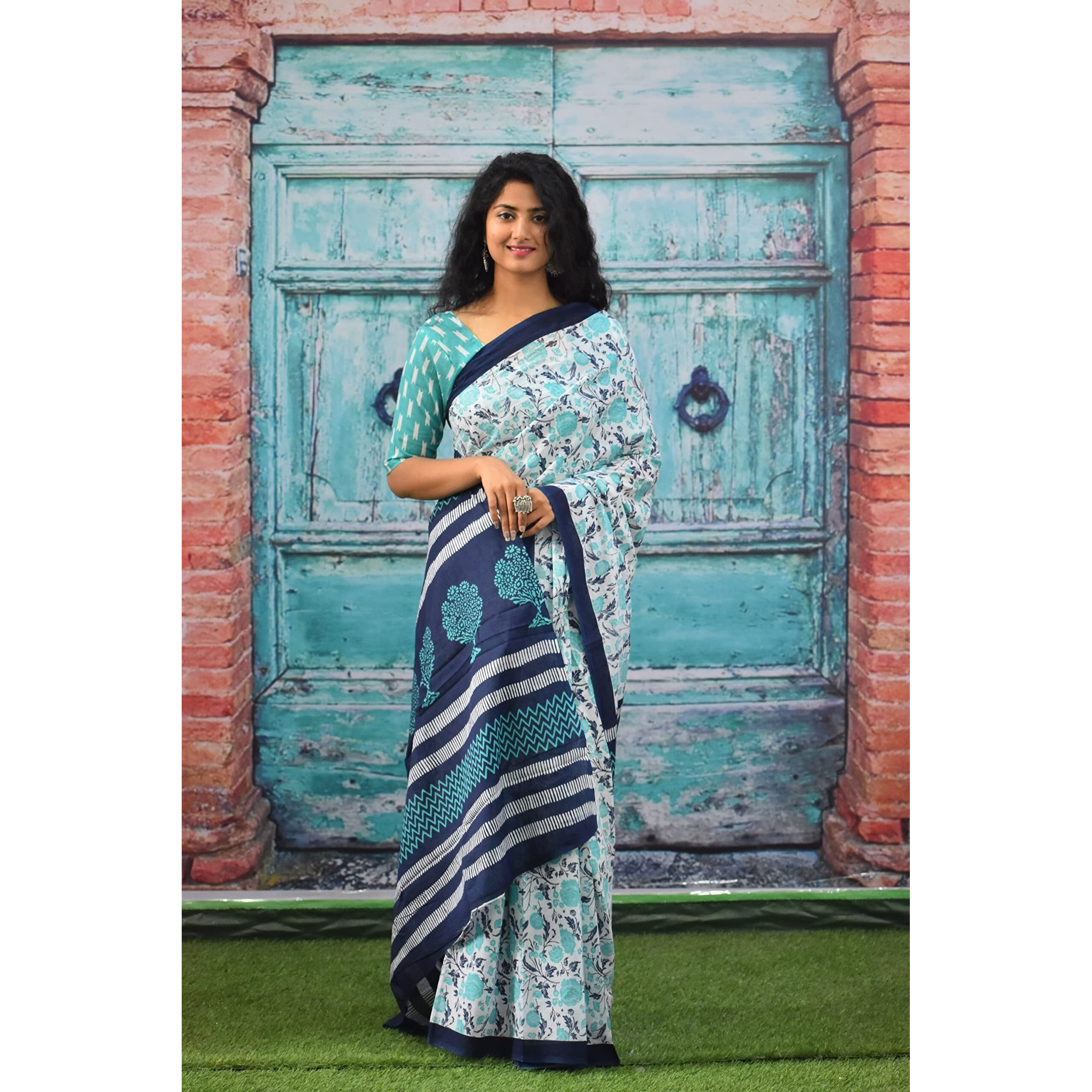 Kiaaron Womens Ikat Hand Block Print Jaipuri Cotton Mulmul Saree with Blouse Piece - Red_SH16