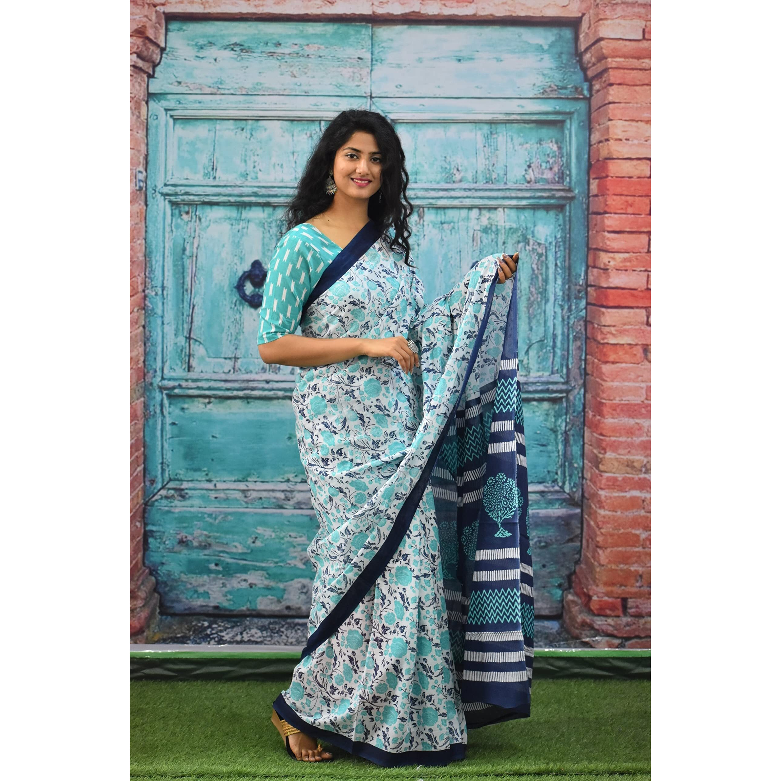 Kiaaron Womens Ikat Hand Block Print Jaipuri Cotton Mulmul Saree with Blouse Piece - Red_SH16