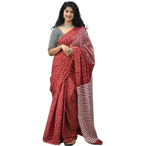 Kiaaron Womens Ikat Hand Block Print Jaipuri Cotton Mulmul Saree with Blouse Piece -Maroon_Sup429