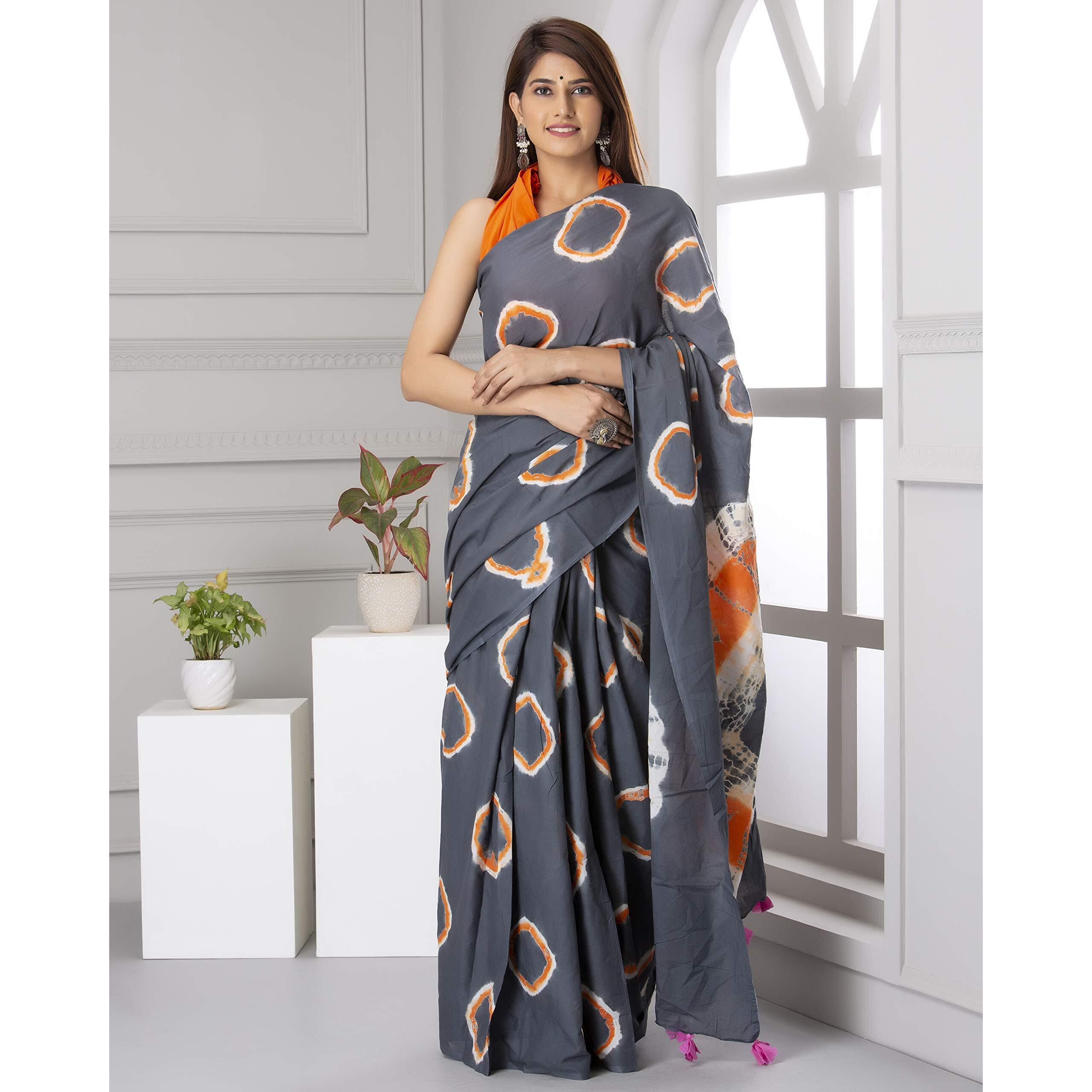 Kiaaron Womens Ikat Hand Block Print Jaipuri Cotton Mulmul Saree with Blouse Piece -Grey_Shiv764