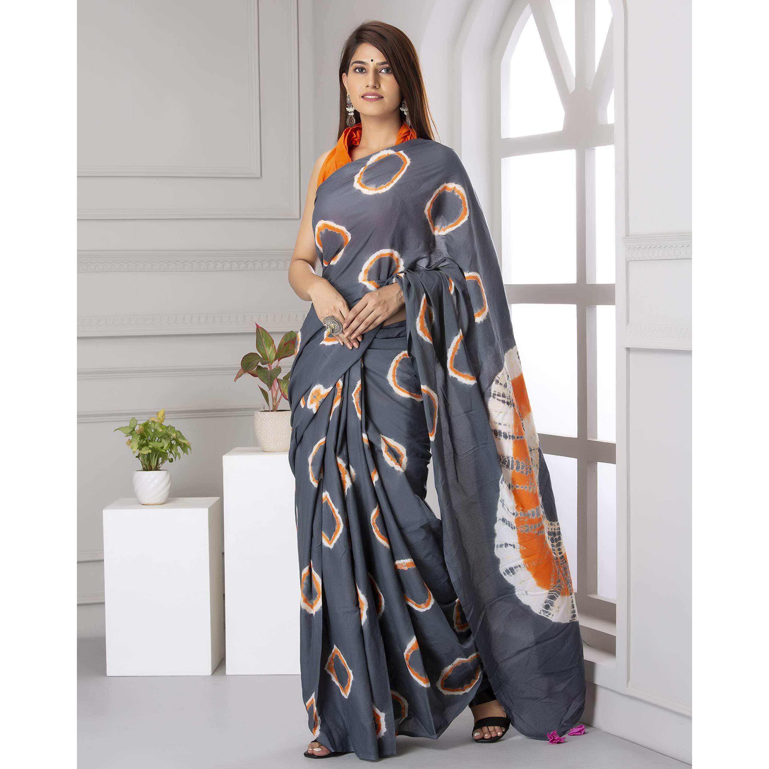 Kiaaron Womens Ikat Hand Block Print Jaipuri Cotton Mulmul Saree with Blouse Piece -Grey_Shiv764