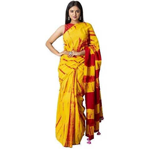 Kiaaron Womens Ikat Hand Block Print Jaipuri Cotton Mulmul Saree with Blouse Piece -Orange_Shiv765