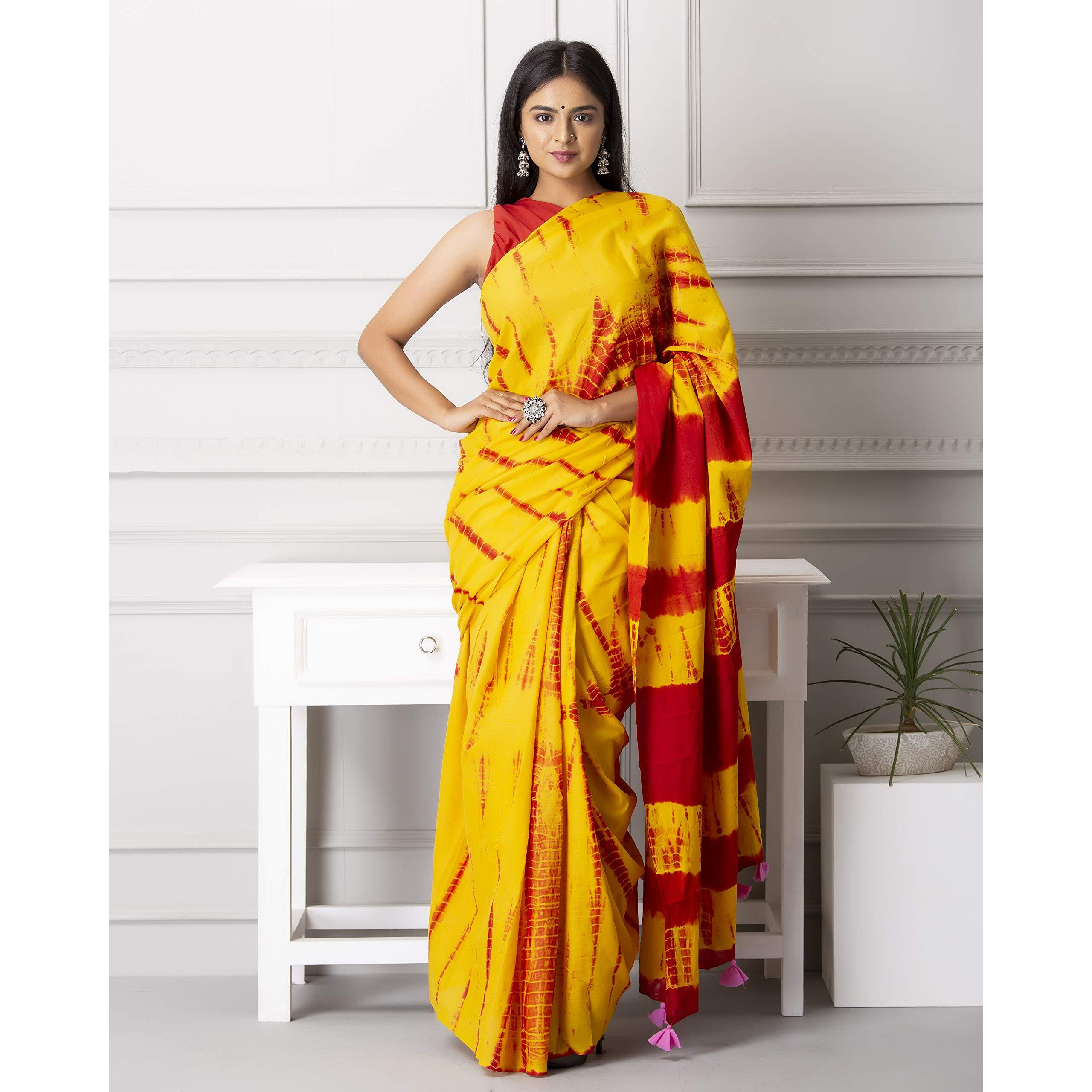 Kiaaron Womens Ikat Hand Block Print Jaipuri Cotton Mulmul Saree with Blouse Piece -Orange_Shiv765