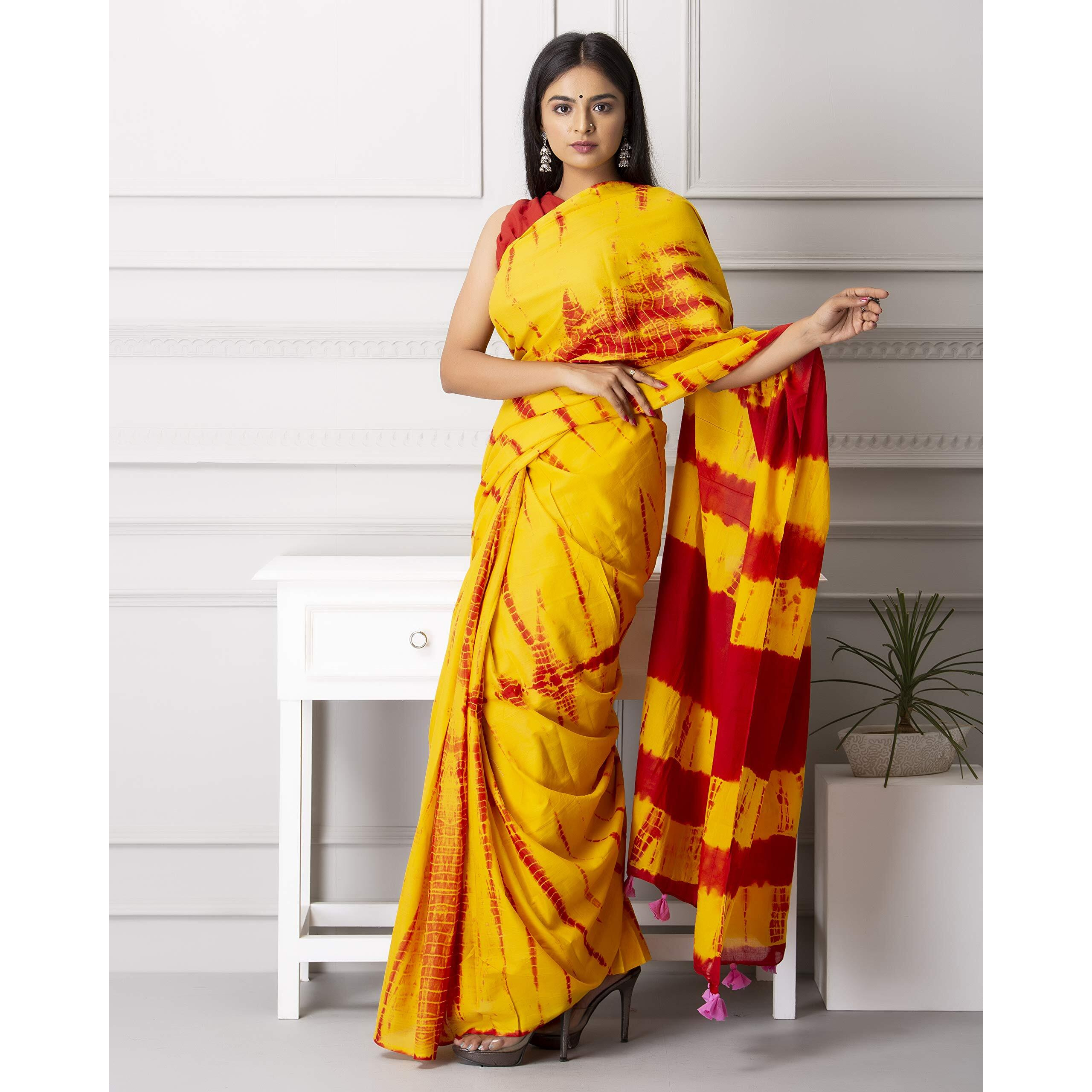 Kiaaron Womens Ikat Hand Block Print Jaipuri Cotton Mulmul Saree with Blouse Piece -Orange_Shiv765
