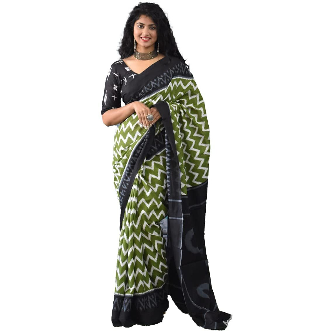 Kiaaron Womens Hand Block Kalamkari Batik Bagru Jaipuri Ikat Printed Handloom Pure Cotton Mulmul Traditional Ethnic Cotton Sarees With Printed Blouse Piece - Green_Black
