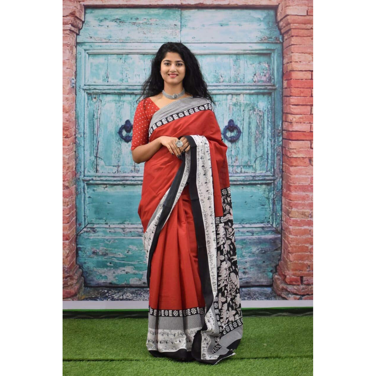 Kiaaron Womens Hand Block Kalamkari Batik Bagru Jaipuri Ikat Printed Handloom Pure Cotton Mulmul Traditional Ethnic Cotton Sarees With Printed Blouse Piece - Red