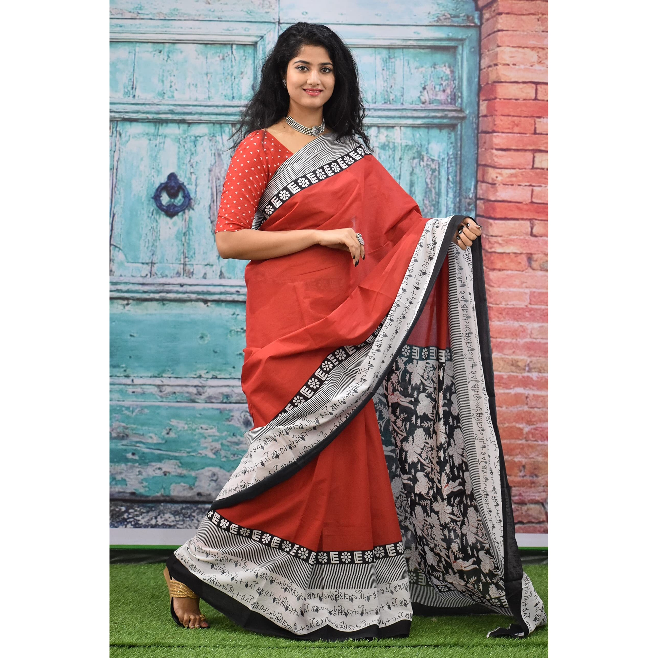 Kiaaron Womens Hand Block Kalamkari Batik Bagru Jaipuri Ikat Printed Handloom Pure Cotton Mulmul Traditional Ethnic Cotton Sarees With Printed Blouse Piece - Red