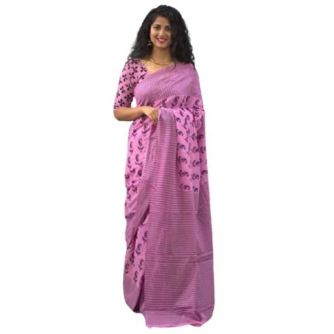 Kiaaron Womens Hand Block Kalamkari Batik Bagru Jaipuri Ikat Printed Handloom Pure Cotton Mulmul Traditional Ethnic Cotton Sarees With Printed Blouse Piece - Pink