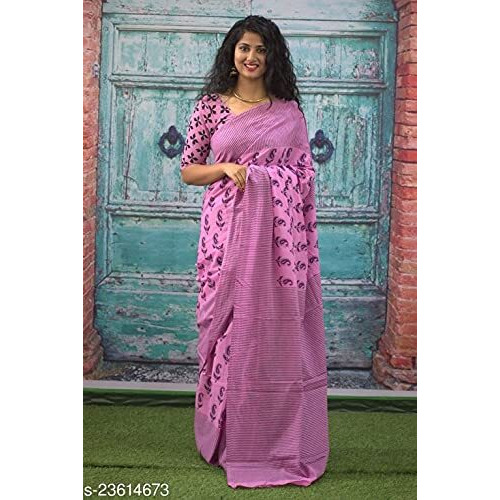 Kiaaron Womens Hand Block Kalamkari Batik Bagru Jaipuri Ikat Printed Handloom Pure Cotton Mulmul Traditional Ethnic Cotton Sarees With Printed Blouse Piece - Pink