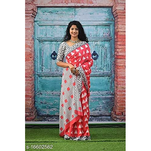 Kiaaron Womens Hand Block Kalamkari Batik Bagru Jaipuri Ikat Printed Handloom Pure Cotton Mulmul Traditional Ethnic Cotton Sarees With Printed Blouse Piece - Multicolor