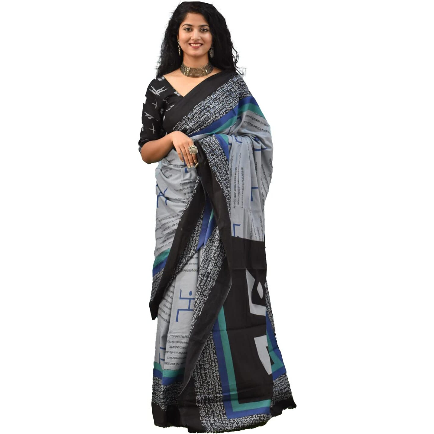 Kiaaron Womens Hand Block Kalamkari Batik Bagru Jaipuri Ikat Printed Handloom Pure Cotton Mulmul Traditional Ethnic Cotton Sarees With Printed Blouse Piece - Black_Grey