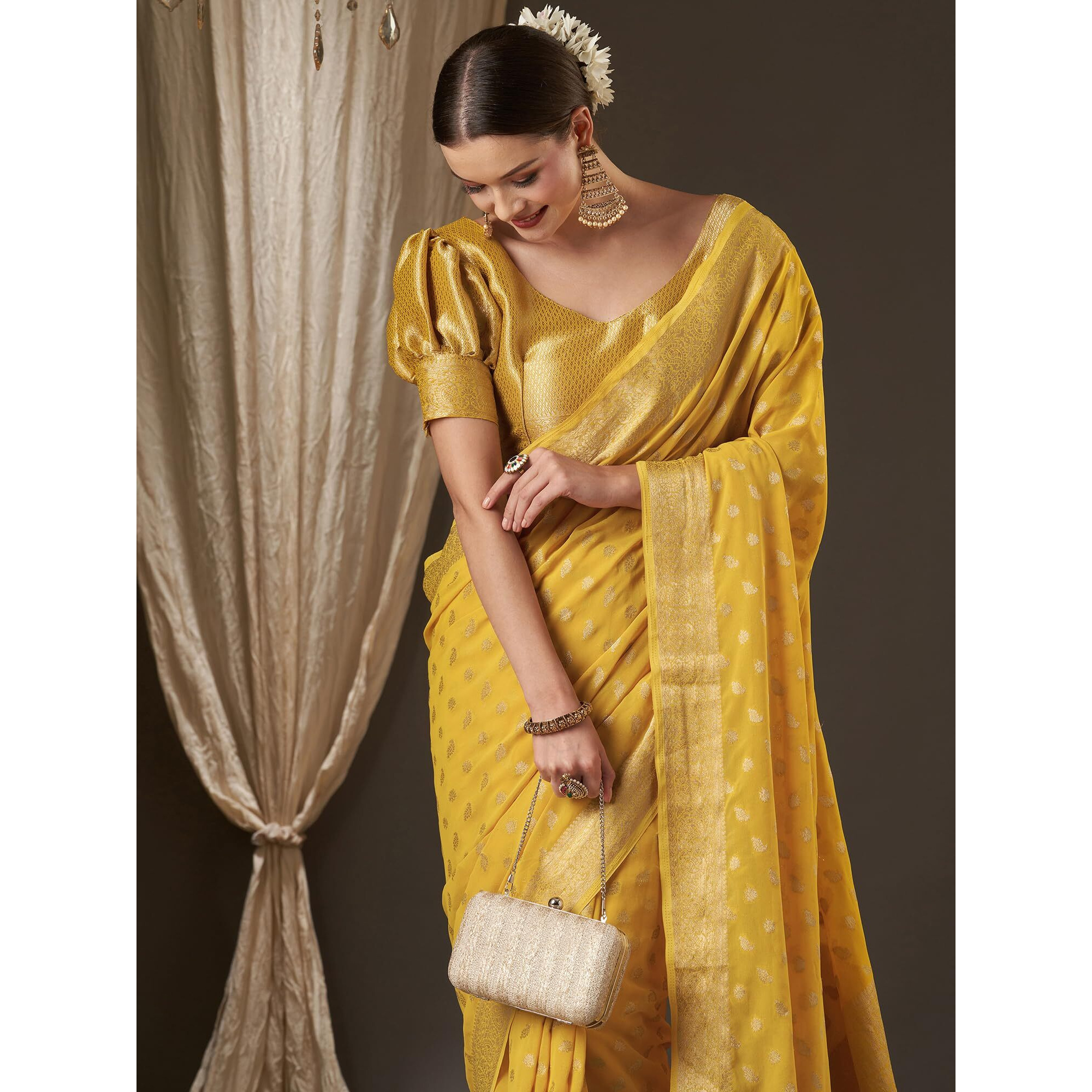 AKHILAM Womens Woven Design Ethnic Motif Georgette Kanjeevaram Saree With Unstiched Blouse Piece (Yellow_ARYA3004_FL)