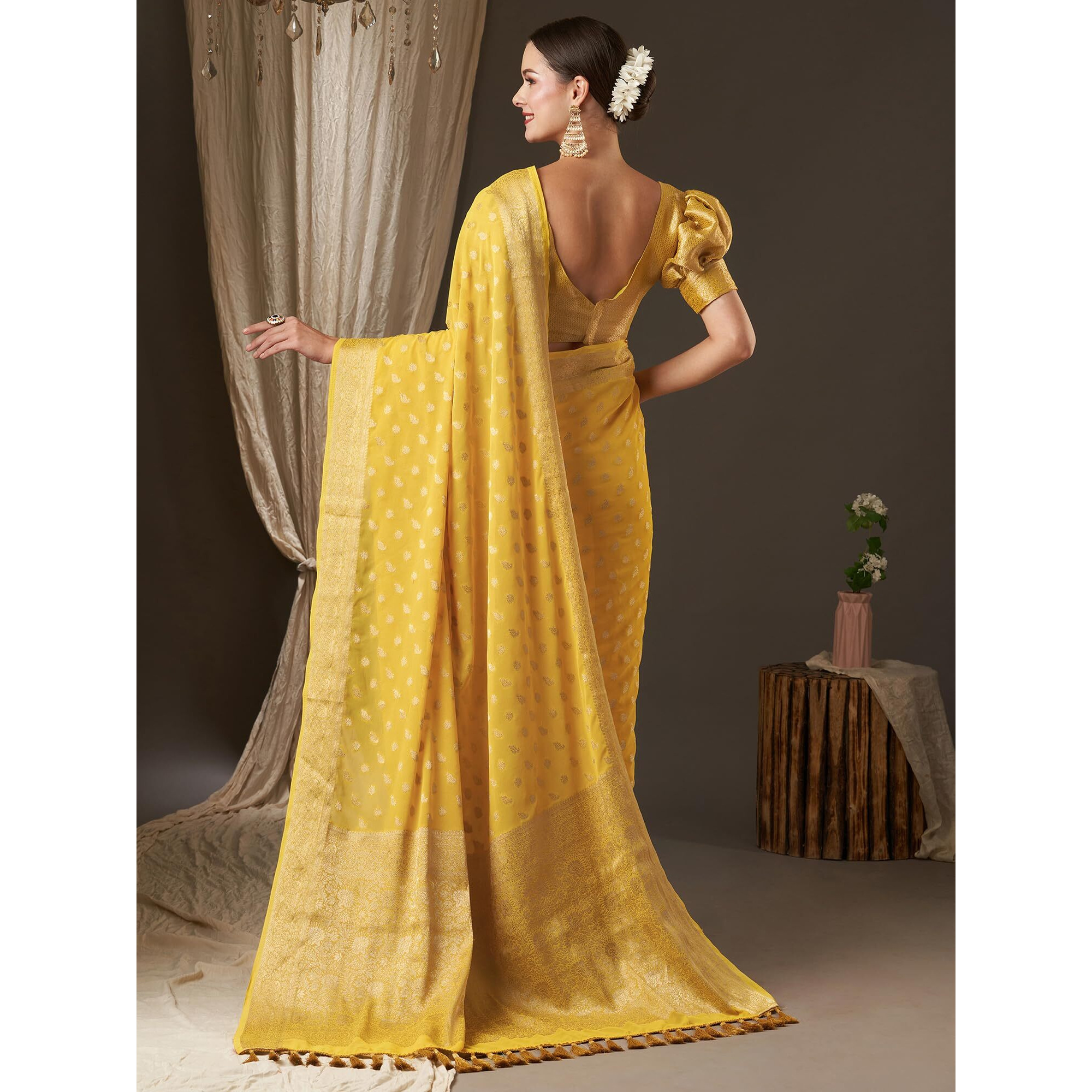 AKHILAM Womens Woven Design Ethnic Motif Georgette Kanjeevaram Saree With Unstiched Blouse Piece (Yellow_ARYA3004_FL)