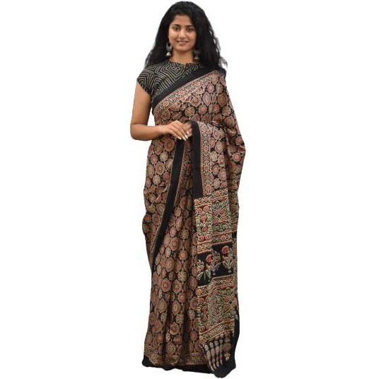 Kiaaron Womens Ikat Hand Block Print Jaipuri Cotton Mulmul Saree with Blouse Piece - Multi_427