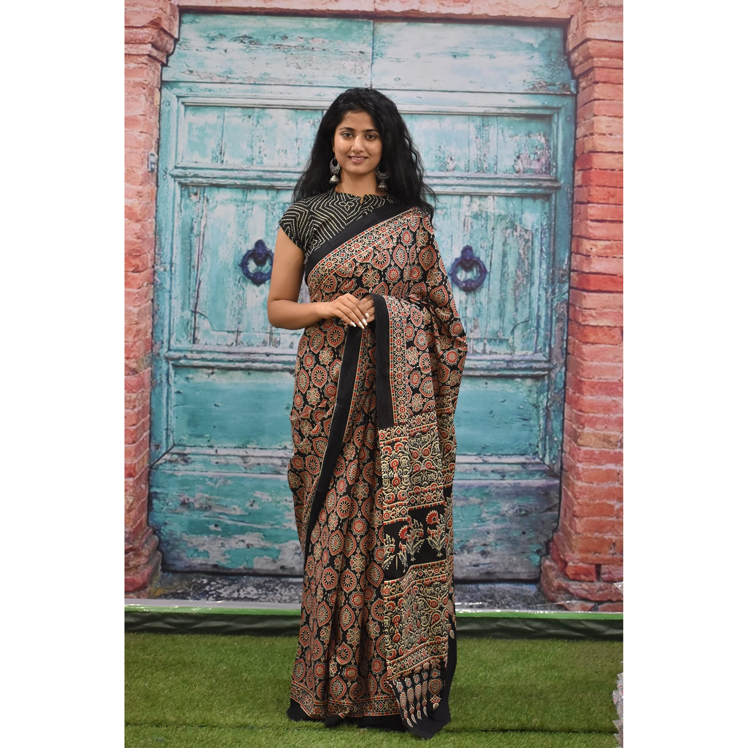 Kiaaron Womens Ikat Hand Block Print Jaipuri Cotton Mulmul Saree with Blouse Piece - Multi_427