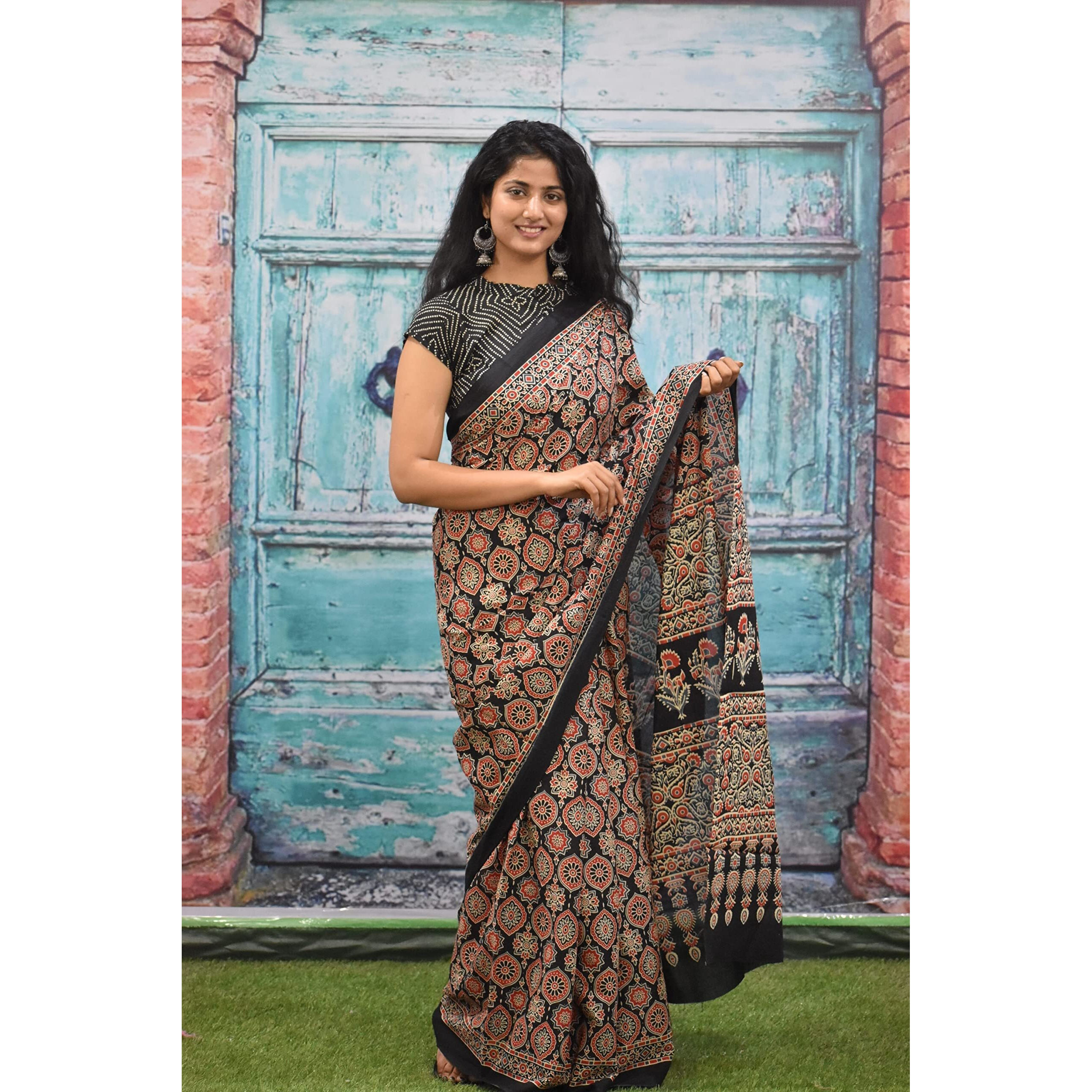 Kiaaron Womens Ikat Hand Block Print Jaipuri Cotton Mulmul Saree with Blouse Piece - Multi_427