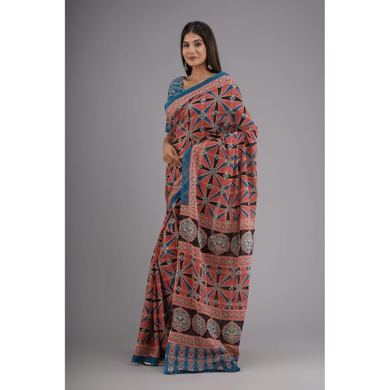 Kiaaron Handicrafts Womens Ikat Hand Block Print Jaipuri Cotton Mulmul Saree with Blouse Piece -Maroon_17