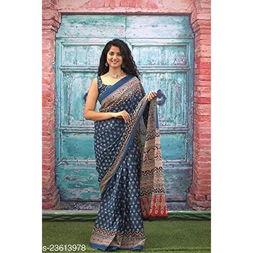 Kiaaron Womens Ikat Hand Block Print Jaipuri Cotton Mulmul Saree with Blouse Piece -Blue_Kia344