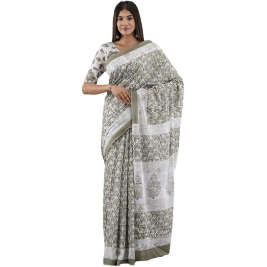 Kiaaron Handicrafts Womens Ikat Hand Block Print Jaipuri Cotton Mulmul Saree with Blouse Piece - Cream_12