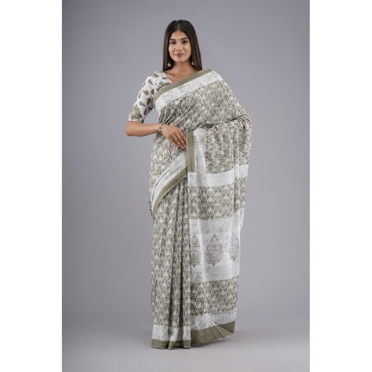Kiaaron Handicrafts Womens Ikat Hand Block Print Jaipuri Cotton Mulmul Saree with Blouse Piece - Cream_12