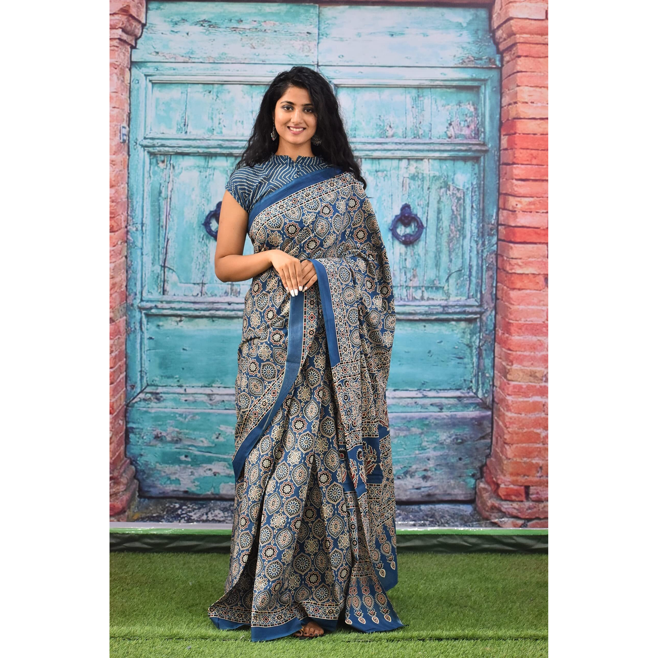 Kiaaron Womens Ikat Hand Block Print Jaipuri Cotton Mulmul Saree with Blouse Piece - Multi_424