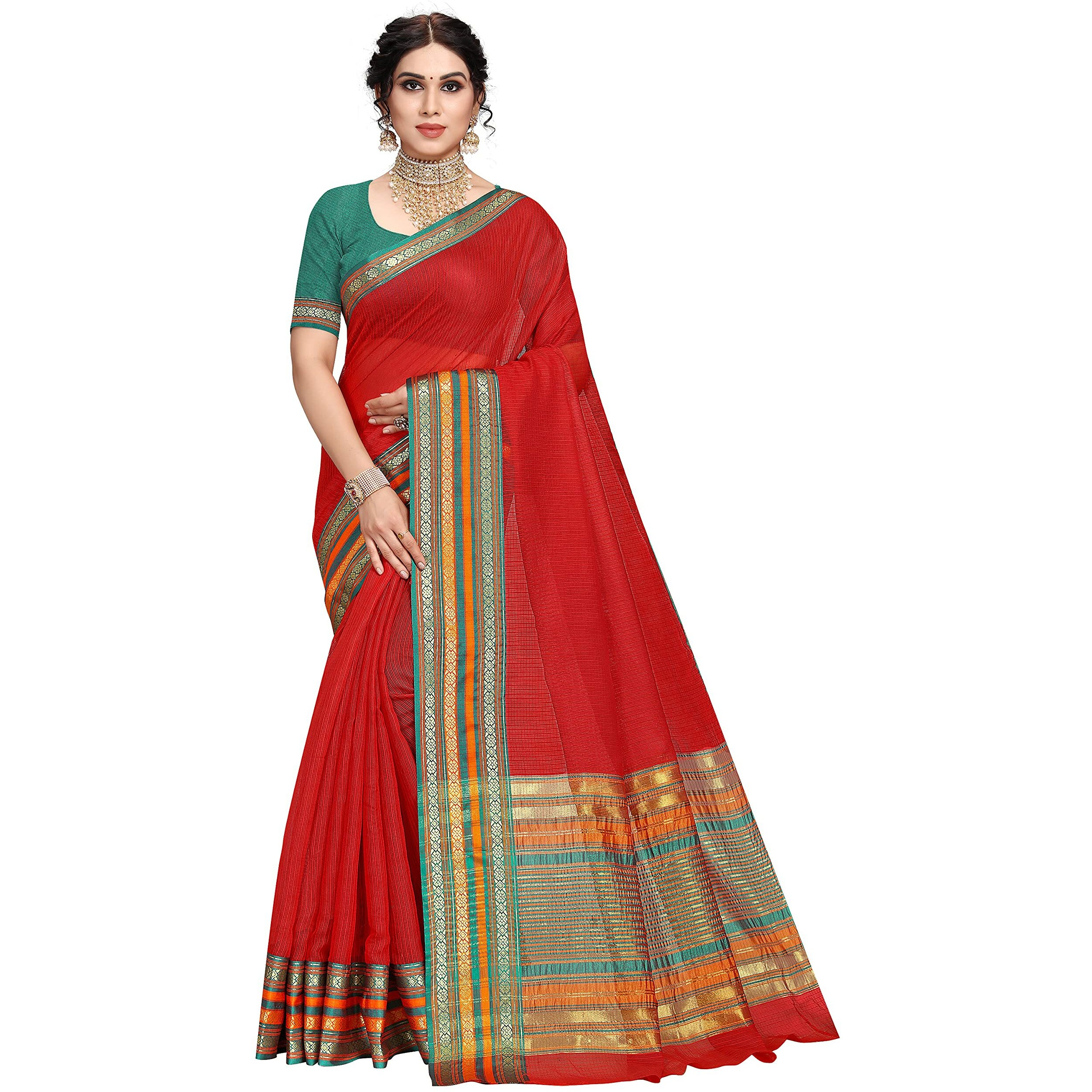Sidhidata Womens Kota Doria Cotton Manipuri Saree With Unstitched Blouse Piece (N Red)
