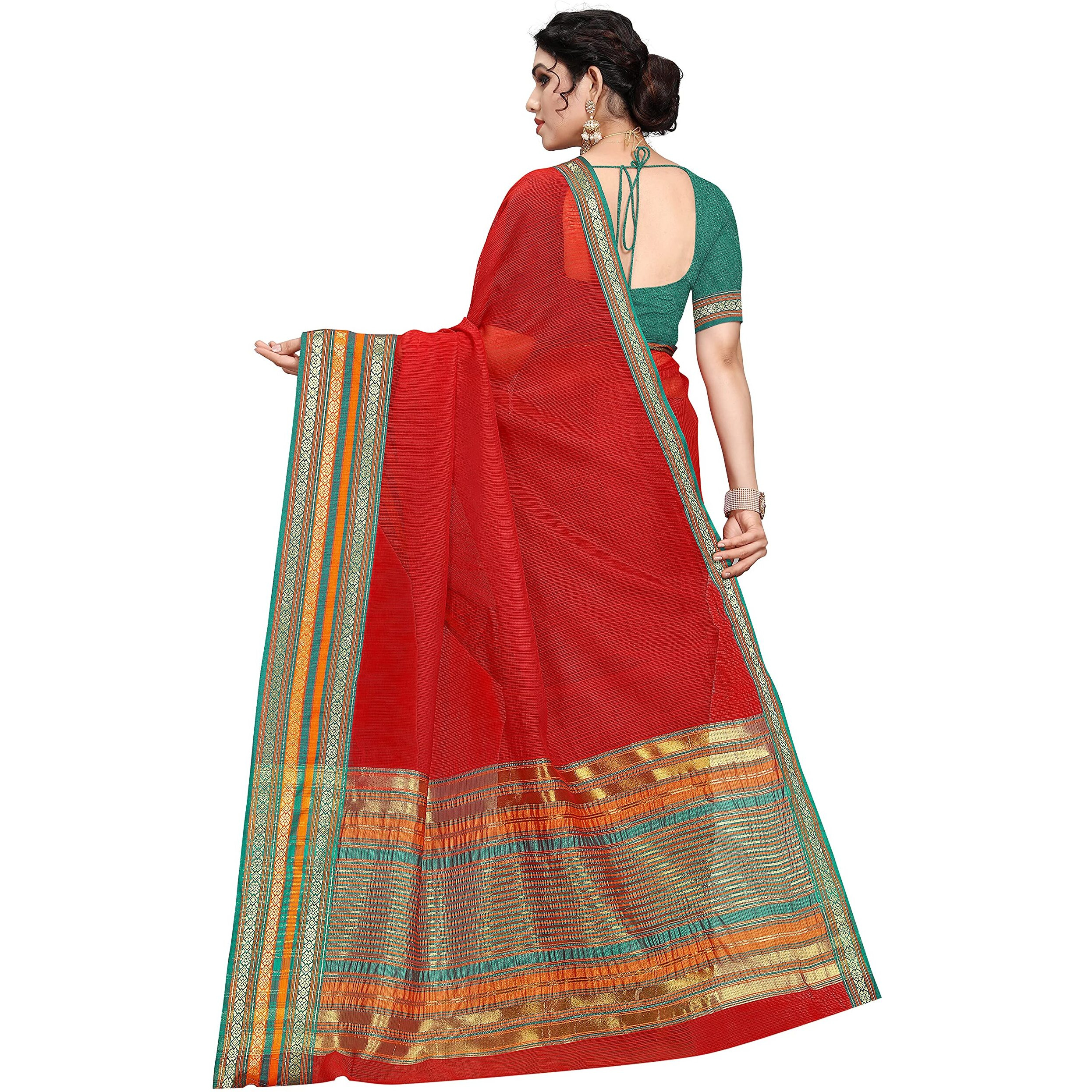 Sidhidata Womens Kota Doria Cotton Manipuri Saree With Unstitched Blouse Piece (N Red)