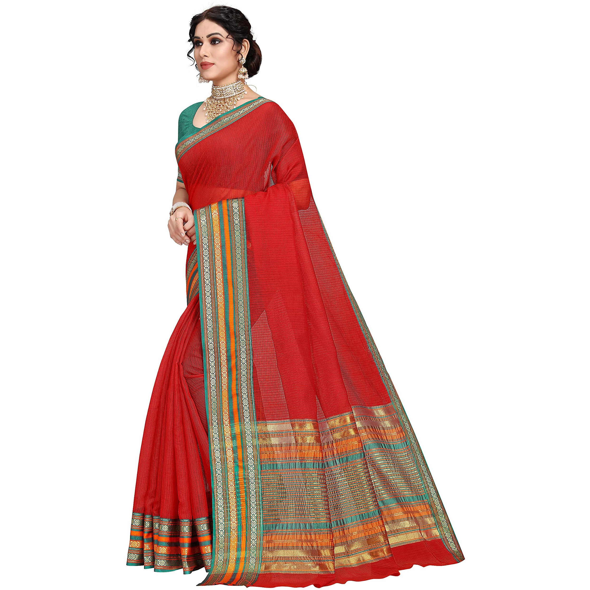 Sidhidata Womens Kota Doria Cotton Manipuri Saree With Unstitched Blouse Piece (N Red)