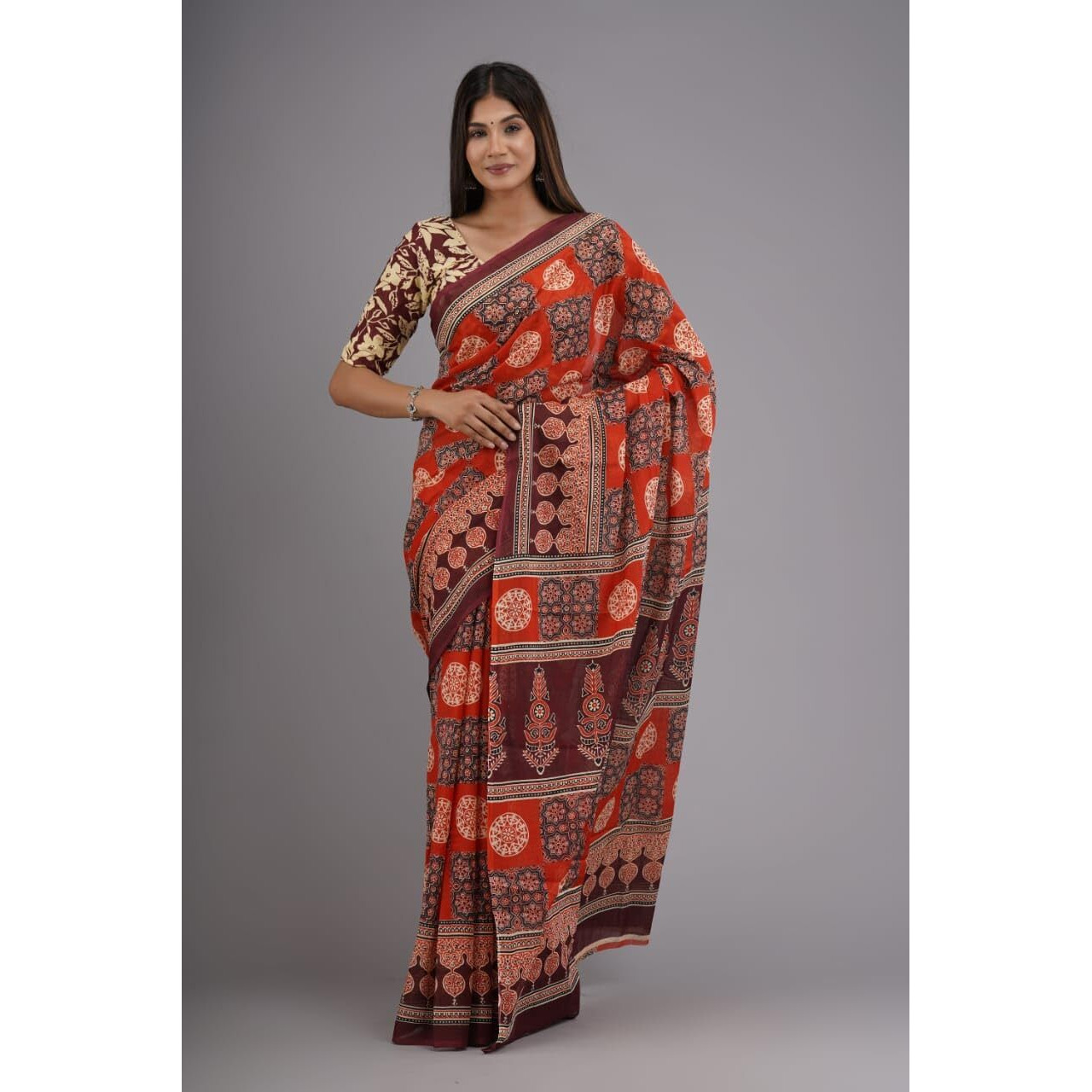 Kiaaron Handicrafts Womens Ikat Hand Block Print Jaipuri Cotton Mulmul Saree with Blouse Piece - Red_16