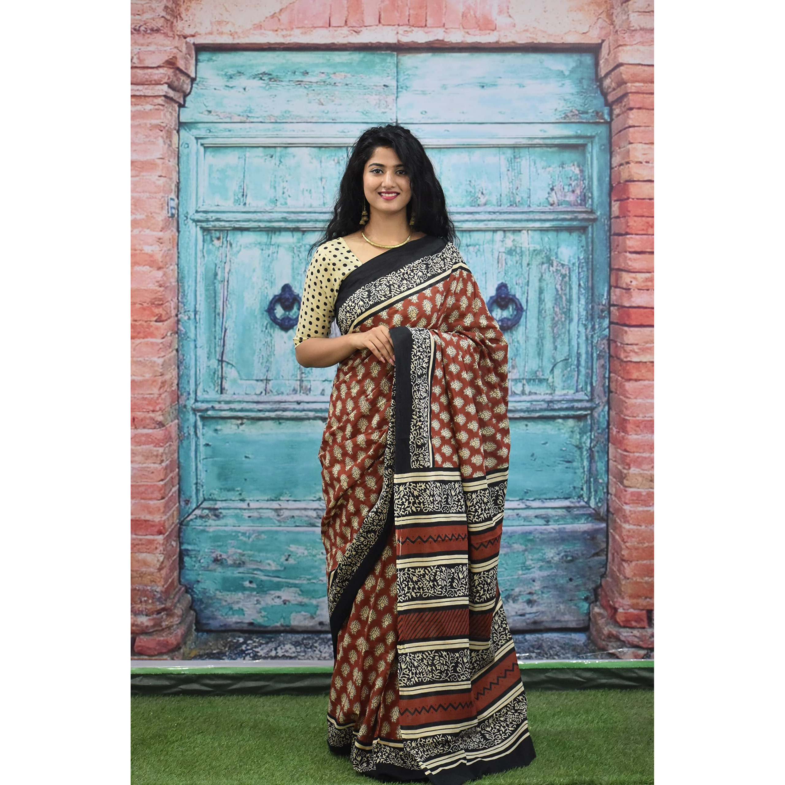 Kiaaron Womens Ikat Hand Block Print Jaipuri Cotton Mulmul Saree with Blouse Piece - Maroon_412